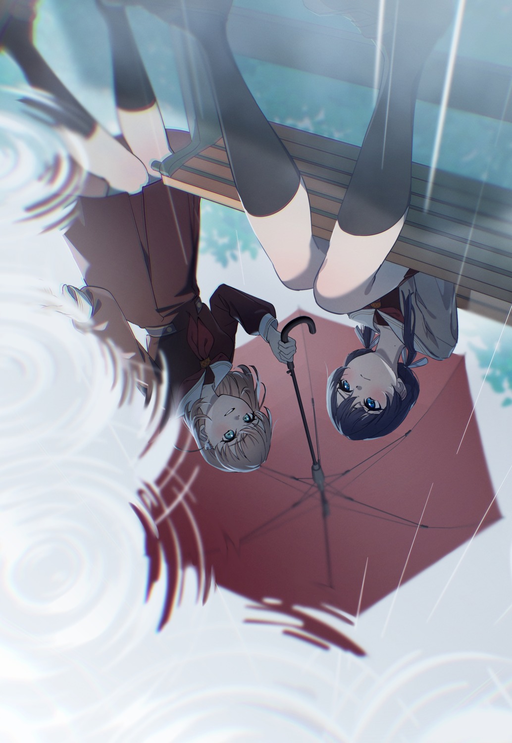 hinoshita_kaho, koiori, love_live!_(series), love_live!_hasu_no_sora_jogakuin_school_idol_club, murano_sayaka, seifuku, sweater, umbrella
