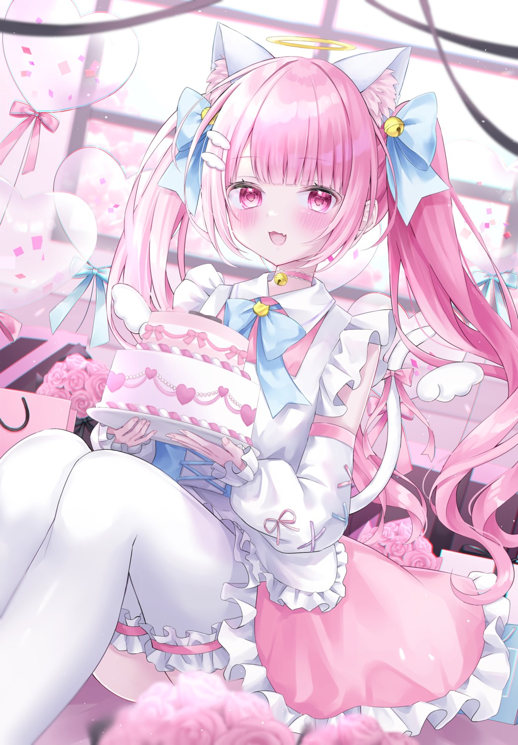amano_kurumi, angel, animal_ears, indie_virtual_youtuber, nekomimi, nekone_ramu, skirt_lift, tail, thighhighs, wings