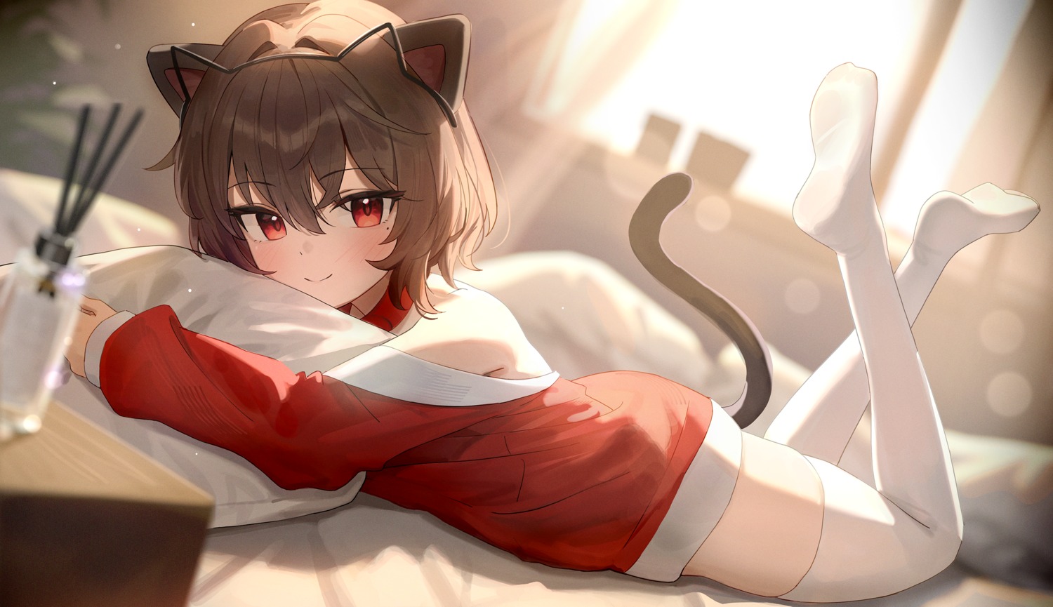 animal_ears, dress, minn_(kangjm1107), nekomimi, no_bra, tail, thighhighs
