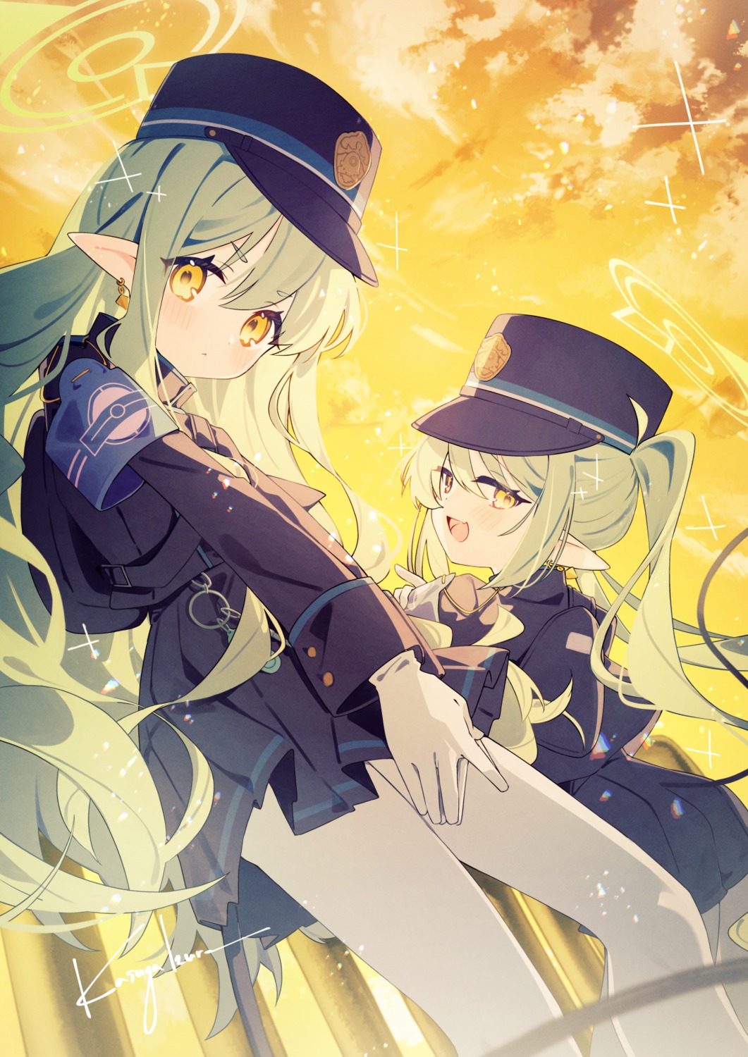 blue_archive, halo, kasuga_izure, pantyhose, pointy_ears, skirt_lift, tachibana_hikari, tachibana_nozomi, tail, uniform