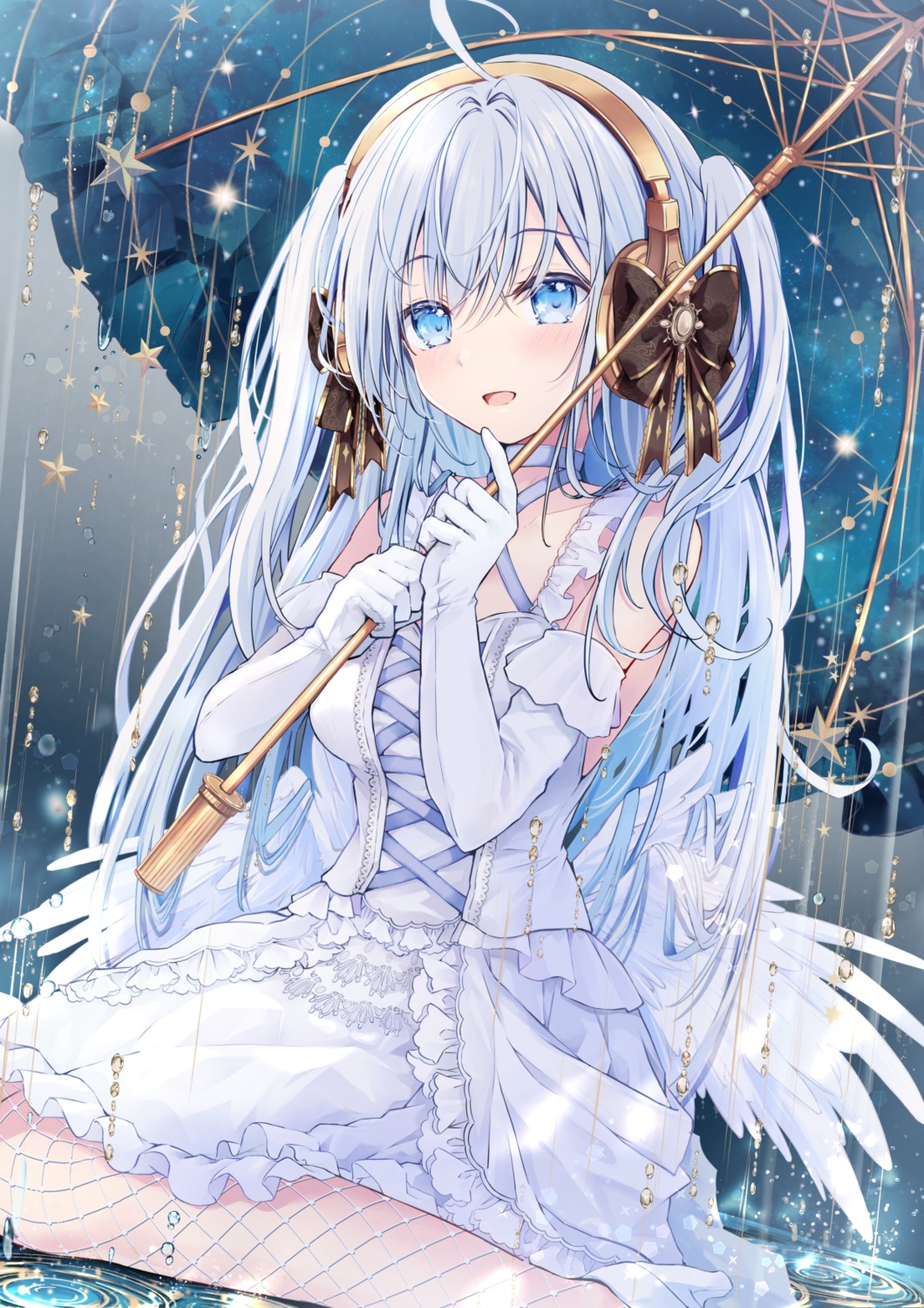 dress, fishnets, headphones, heels, maya_(tirolpop), umbrella, wings