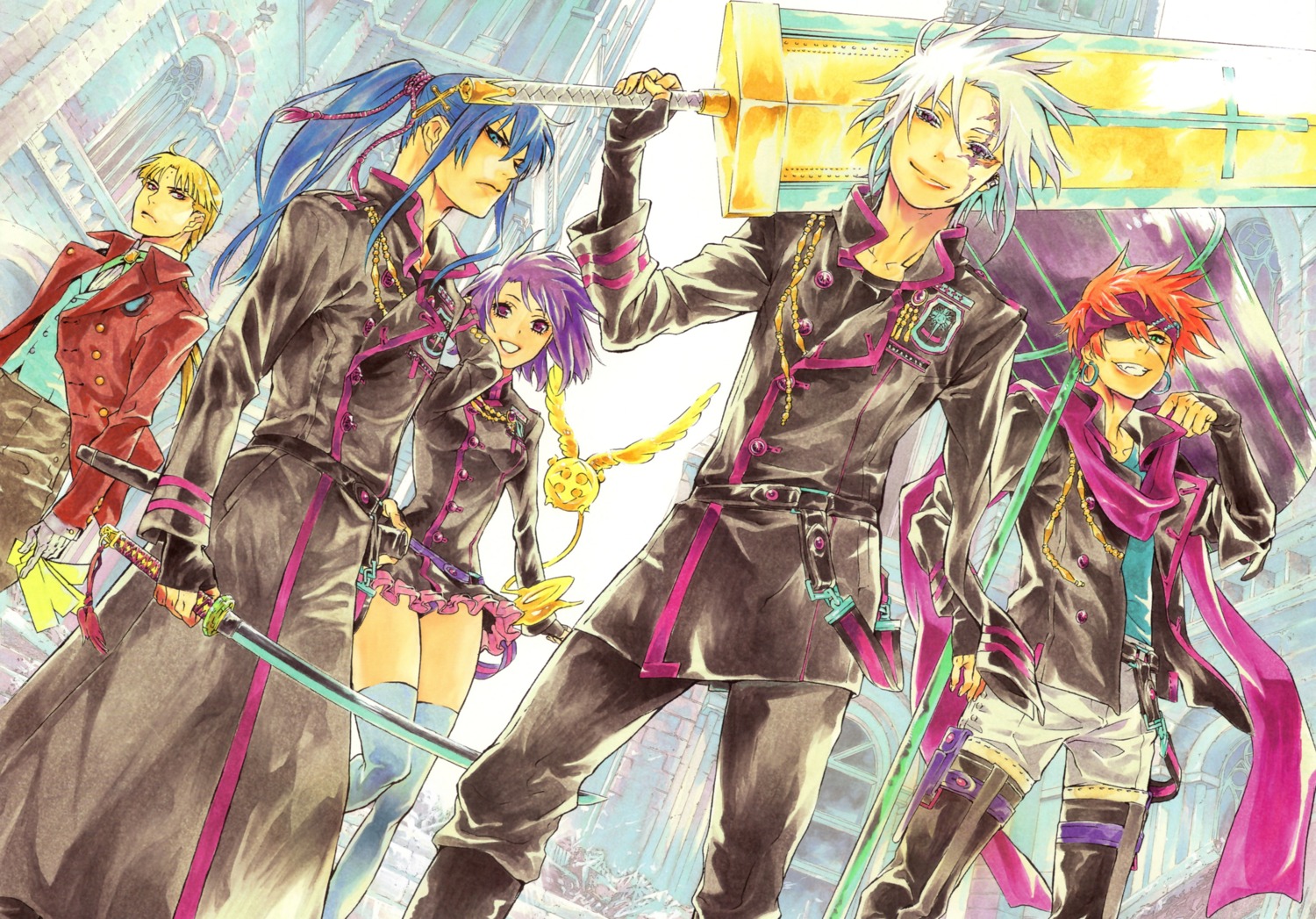 allen_walker, d.gray-man, hoshino_katsura, kanda_yu, lavi, lenalee_lee, sword, thighhighs