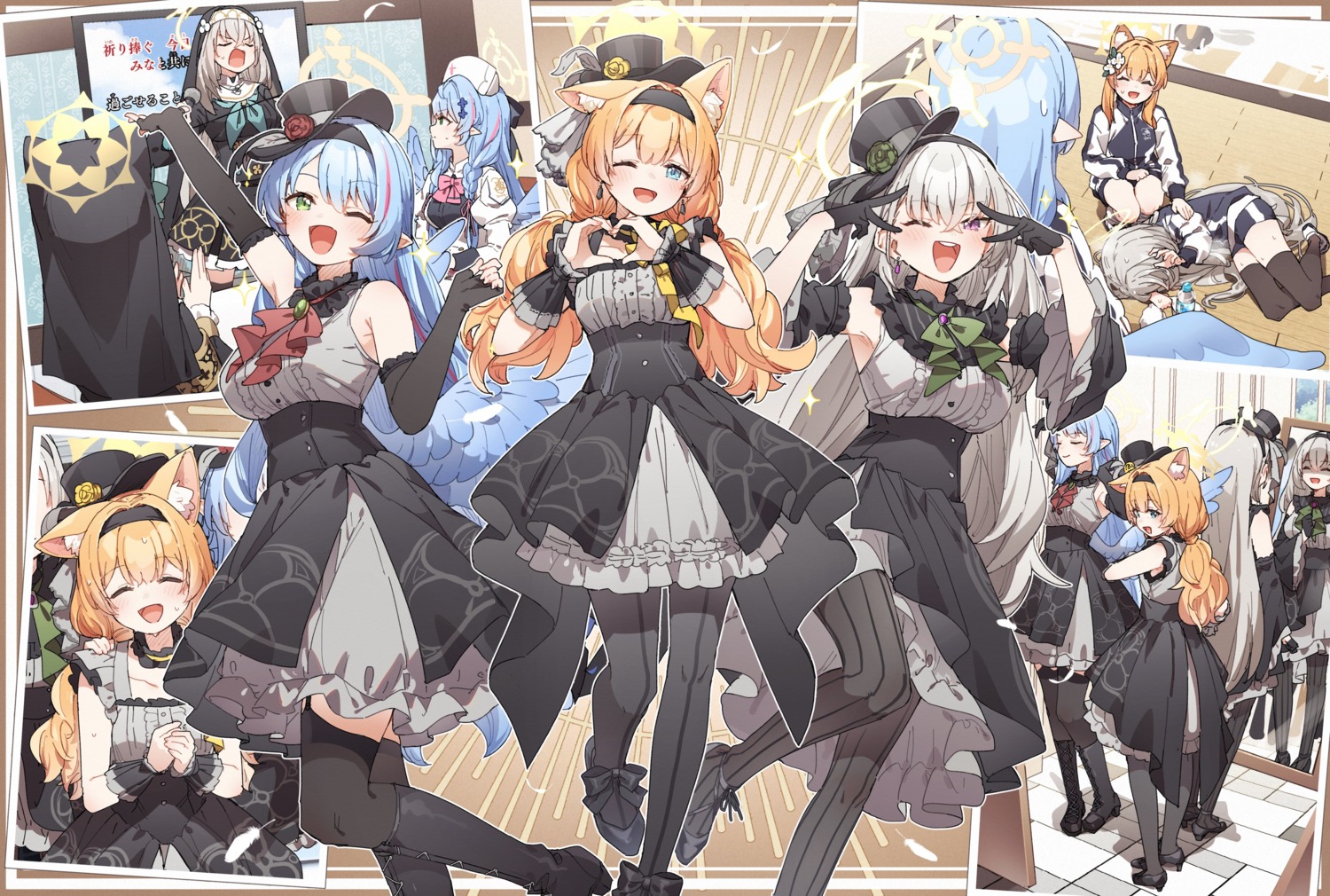 angel, animal_ears, aomori_mine, blue_archive, gym_uniform, halo, heels, iochi_mari, kusaka_shi, nekomimi, nun, nurse, pantyhose, pointy_ears, seifuku, stockings, thighhighs, uniform, utazumi_sakurako, wet, wings