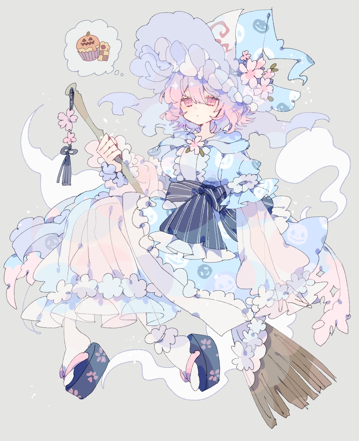 dress, halloween, niko_rashika, saigyouji_yuyuko, see_through, touhou, witch