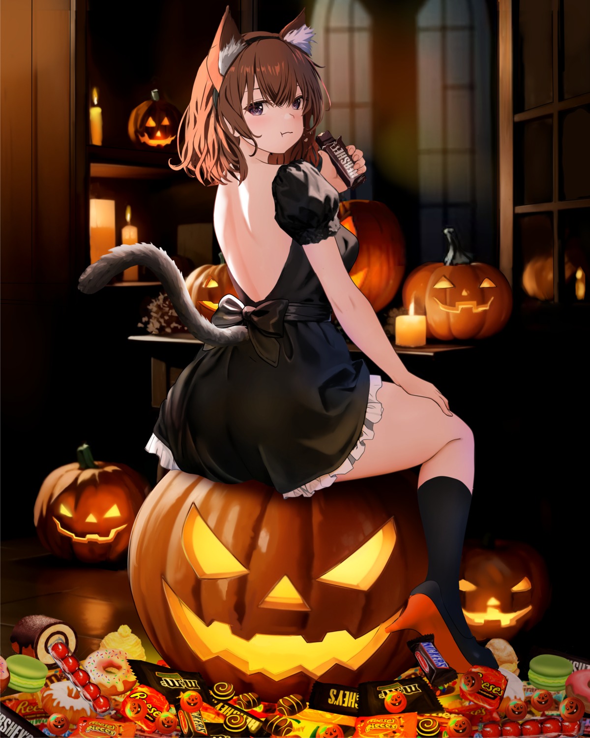 animal_ears, dress, gibun_(sozoshu), halloween, heels, nekomimi, no_bra, tail