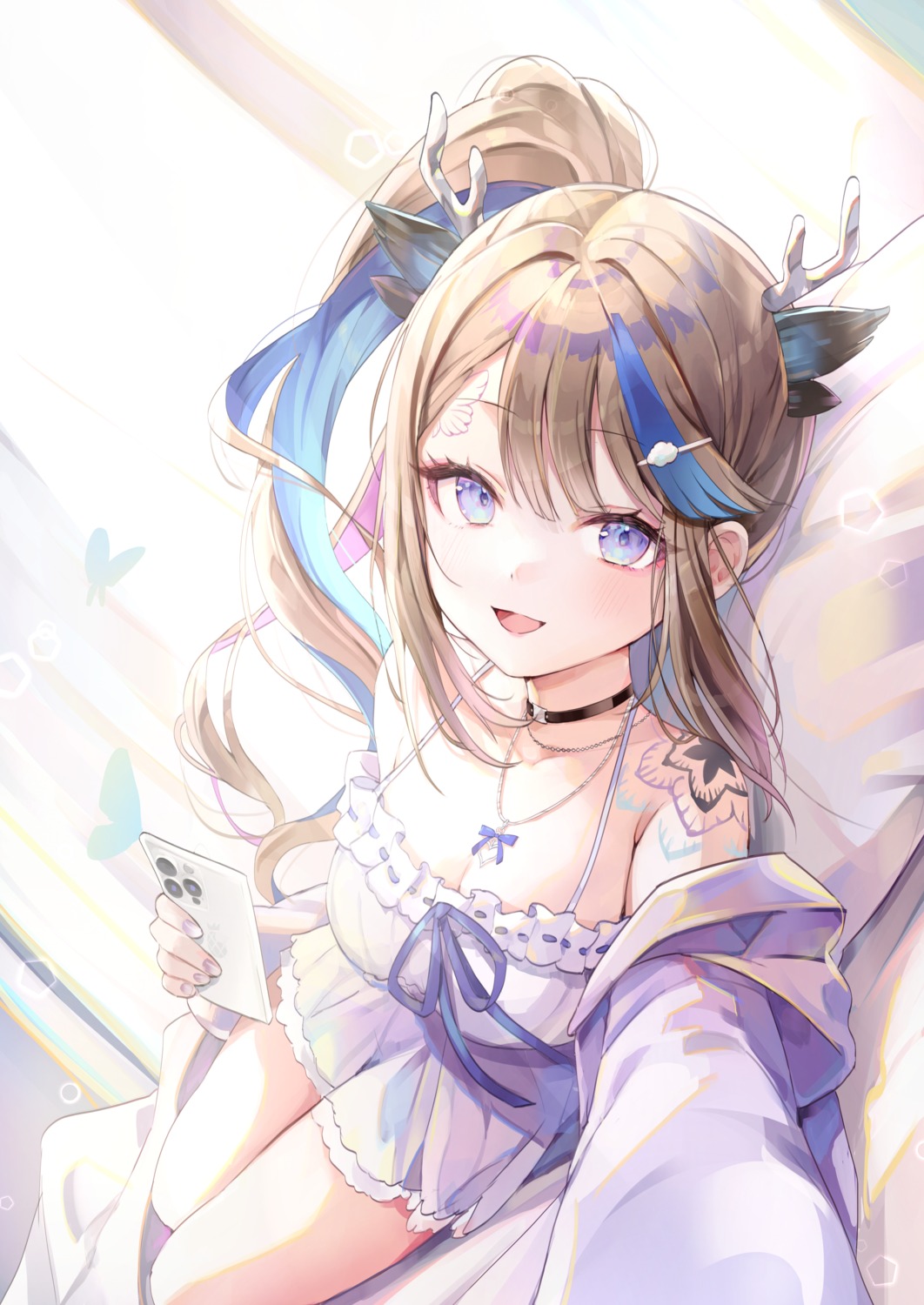 airi_kanna, horns, misyune, pajama, sheets, stellive, tattoo