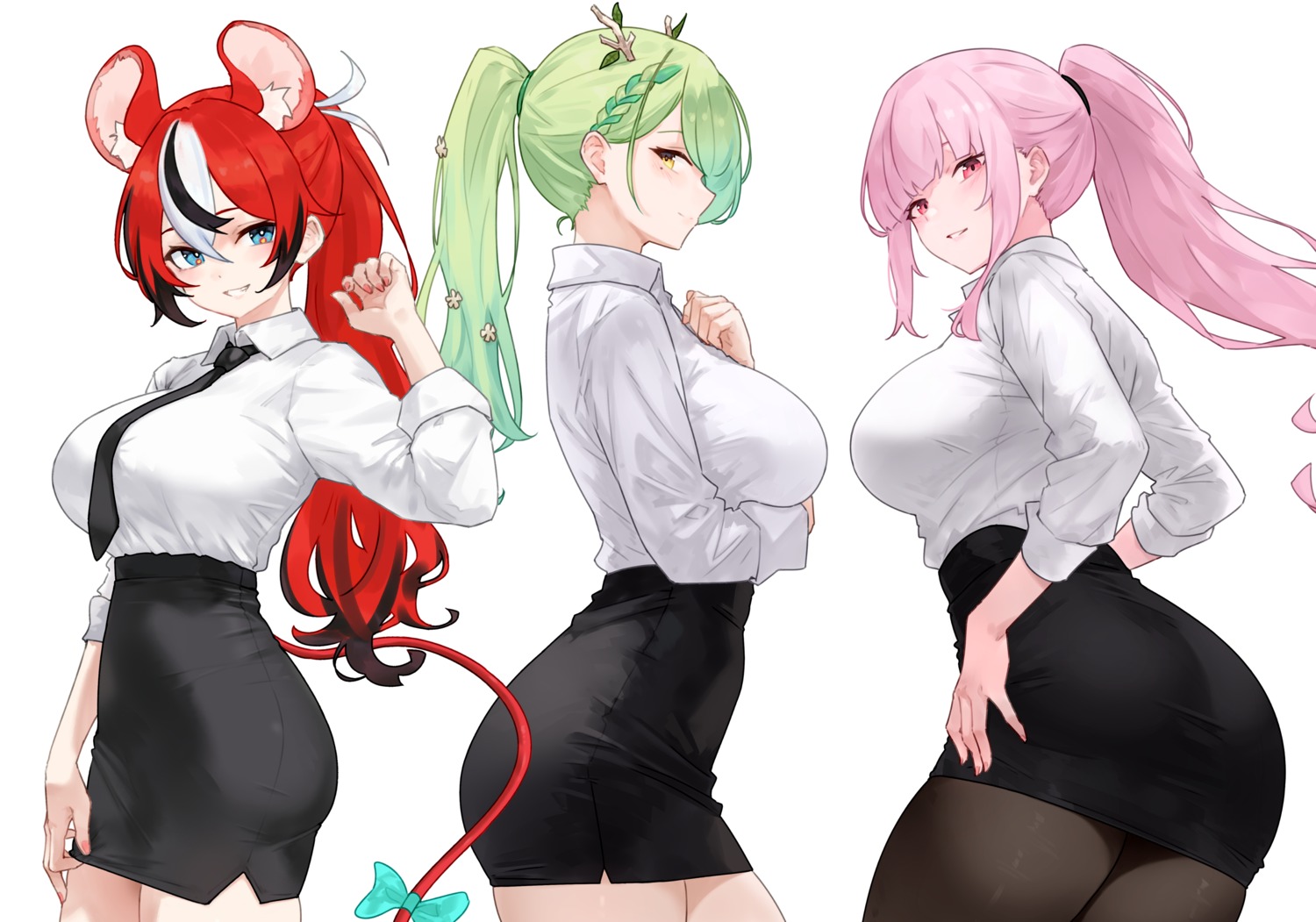animal_ears, ass, bluefield, breast_hold, ceres_fauna, dress_shirt, hakos_baelz, hololive, hololive_english, horns, mori_calliope, pantyhose, tail