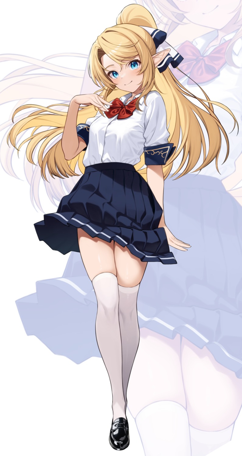 elf, enjo_kouhai, iris_tia_aederlinde, pointy_ears, seifuku, skirt_lift, takunomi, thighhighs