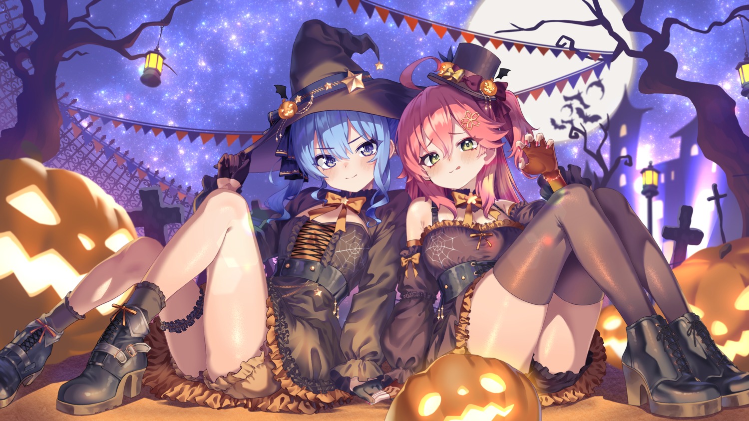 bloomers, dress, garter, gyoza_(pixiv17855879), halloween, heels, hololive, hoshimachi_suisei, sakura_miko, skirt_lift, thighhighs, wallpaper, witch
