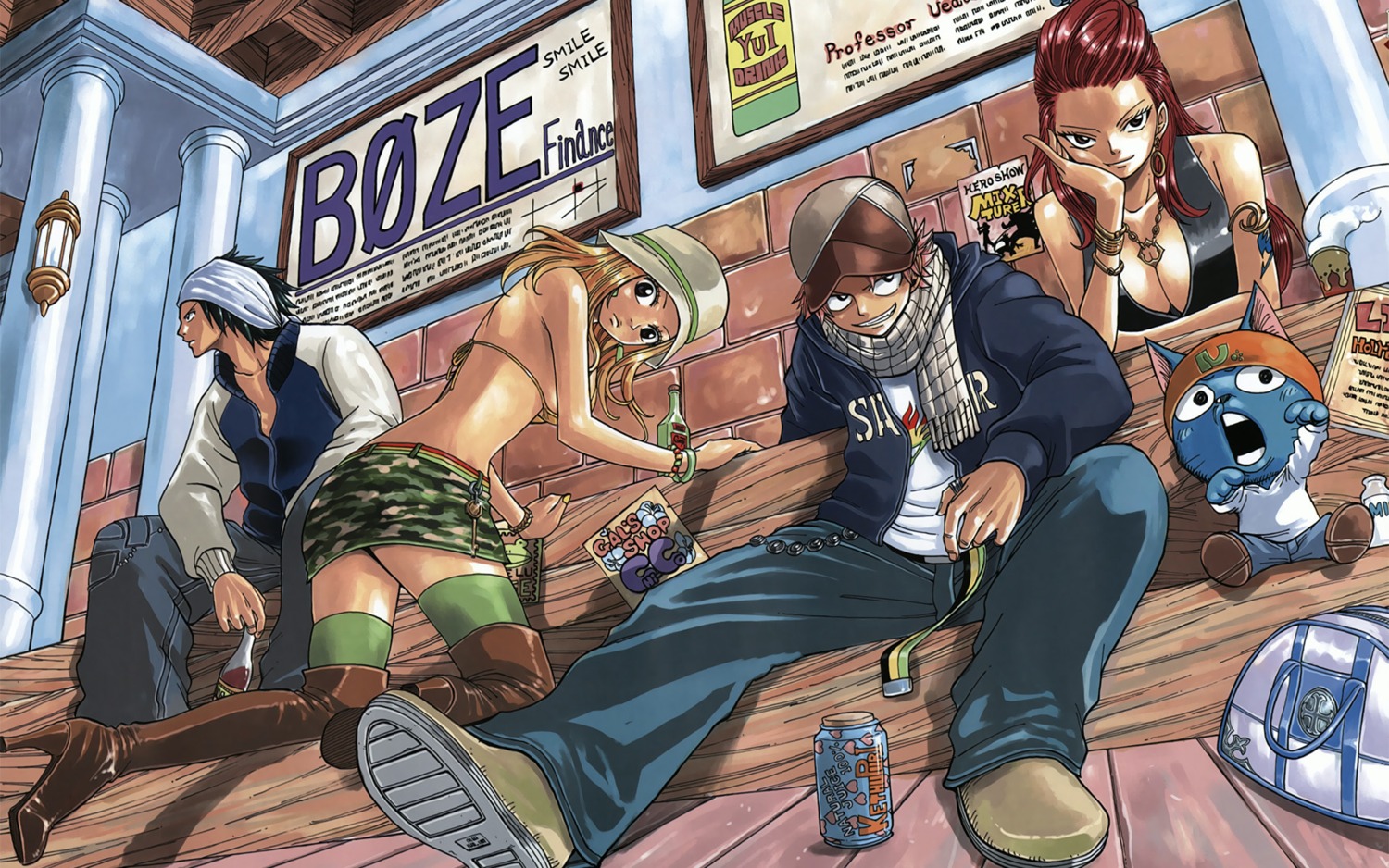 bikini_top, cleavage, erza_scarlet, fairy_tail, gray_fullbuster, happy_(fairy_tail), lucy_heartfilia, mashima_hiro