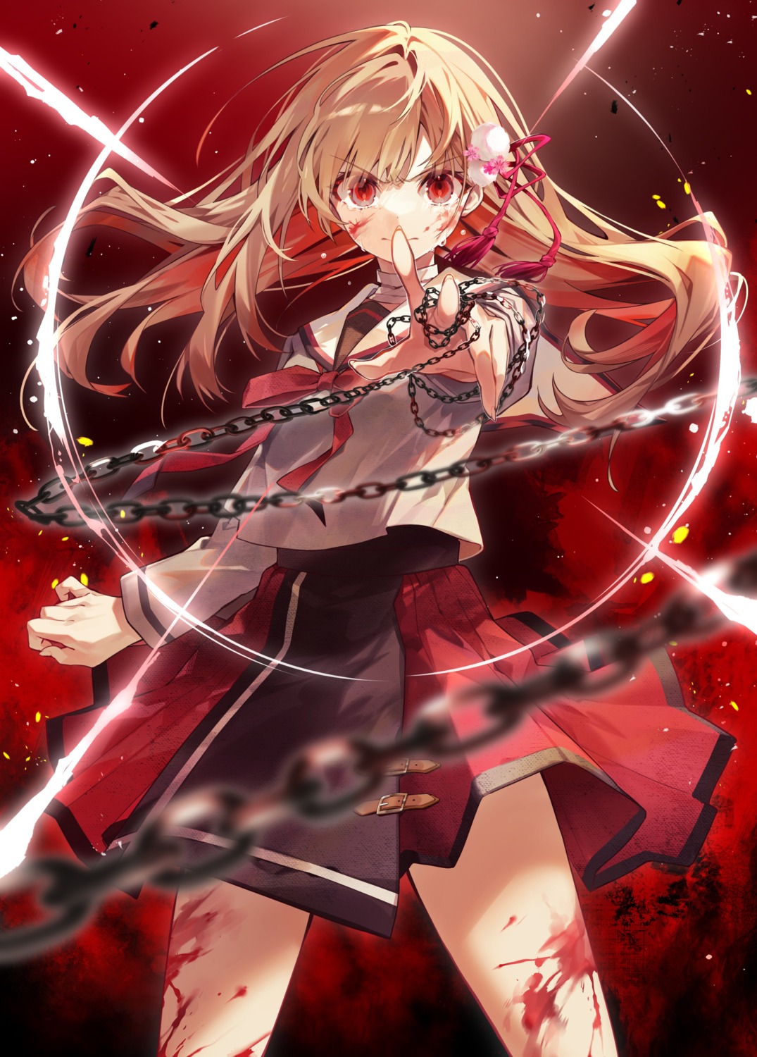 bandages, blood, gokumon_nadeshiko, gokumon_nadeshiko_kokoniari, oshioshio, seifuku, skirt_lift