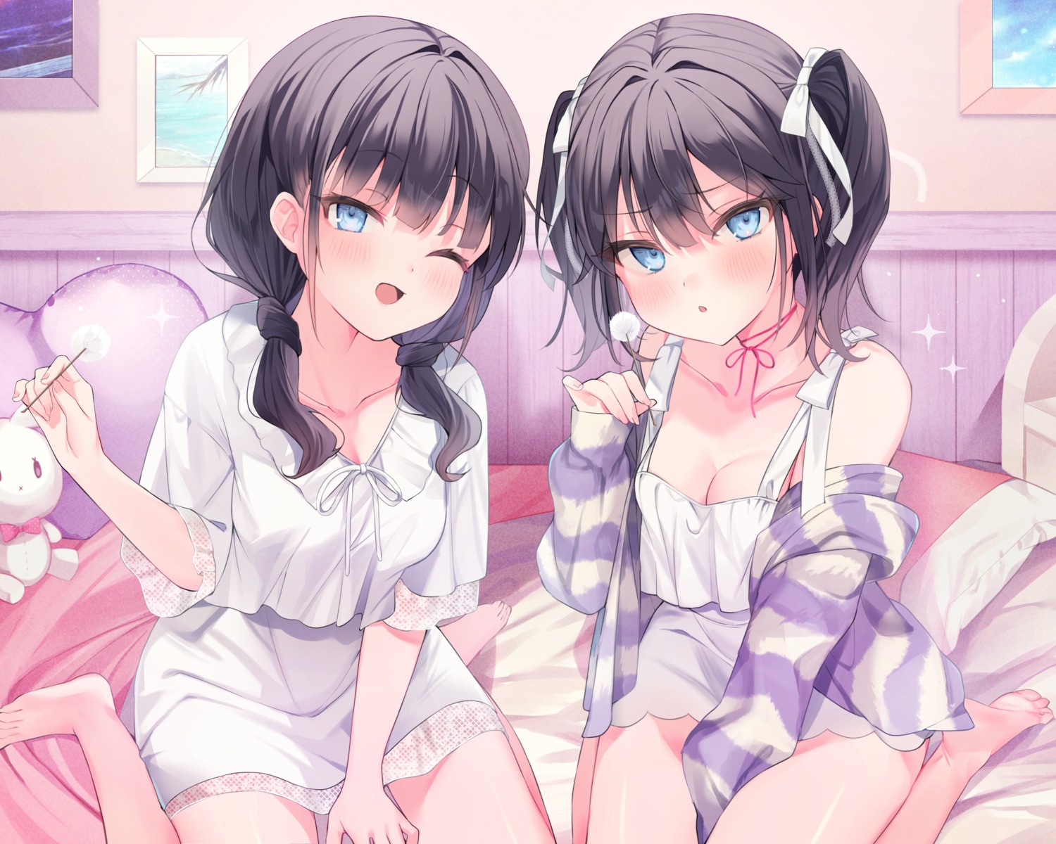 cleavage, ebihara_beniko, fishnets, pajama, raro, see_through