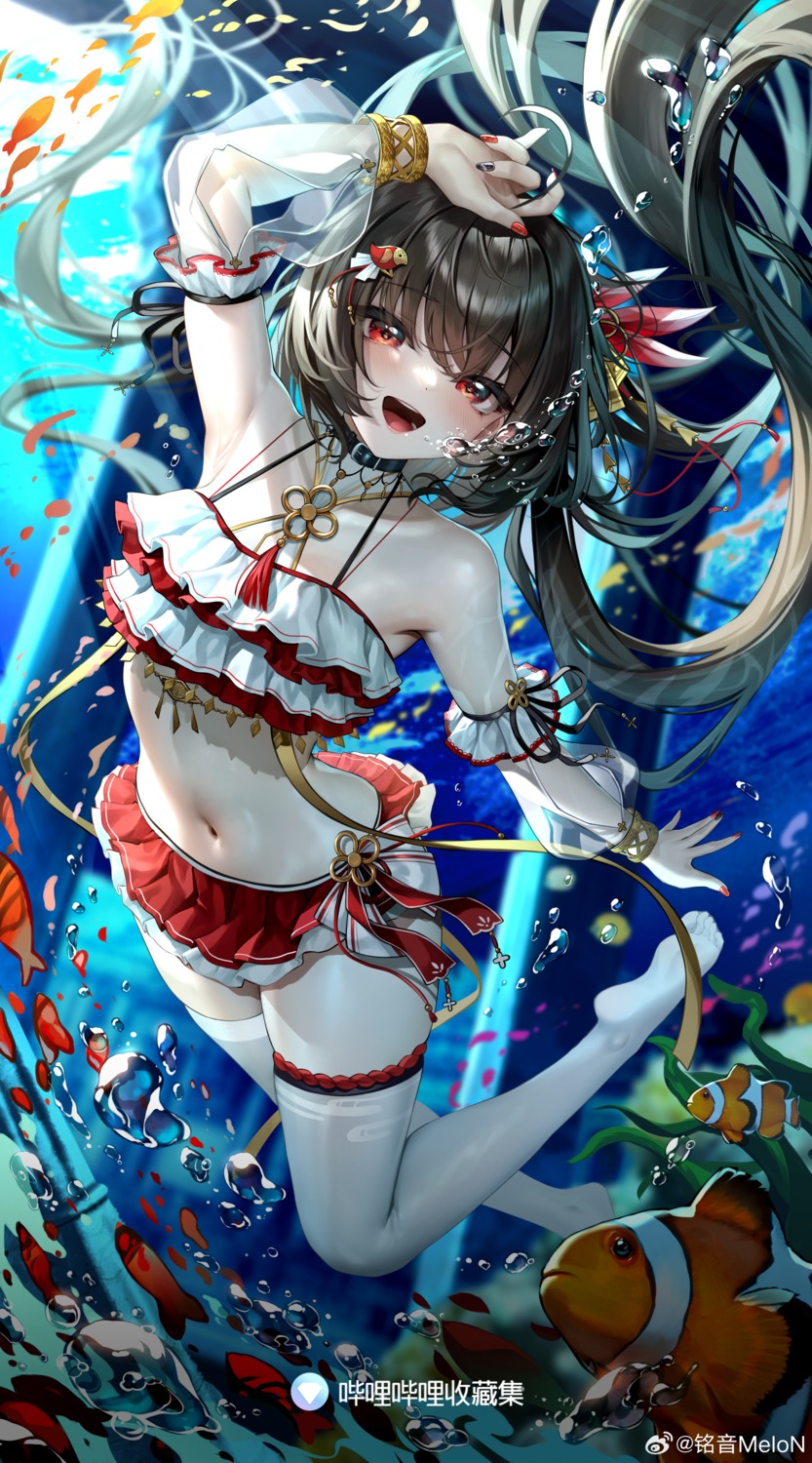 bikini, garter, indie_virtual_youtuber, meion, see_through, swimsuits, thighhighs, watermark, wet
