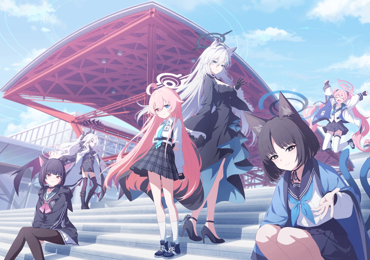animal_ears, blue_archive, devil, dress, garter, halo, heels, heterochromia, horns, japanese_clothes, kiryuu_kikyou, kurosaki_koyuki, kyouyama_kazusa, nekomimi, pantyhose, seifuku, skirt_lift, sorasaki_hina, sunaookami_shiroko, sunaookami_shiroko_terror, tagme, tail, takanashi_hoshino, thighhighs, uniform, wings