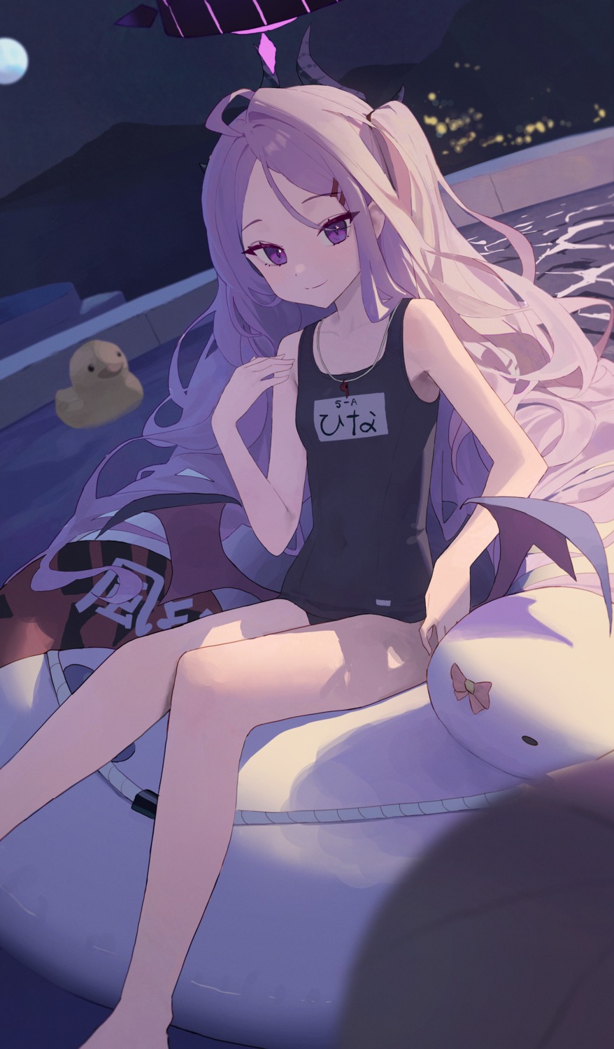 blue_archive, devil, halo, horns, school_swimsuit, sorasaki_hina, suumon, swimsuits