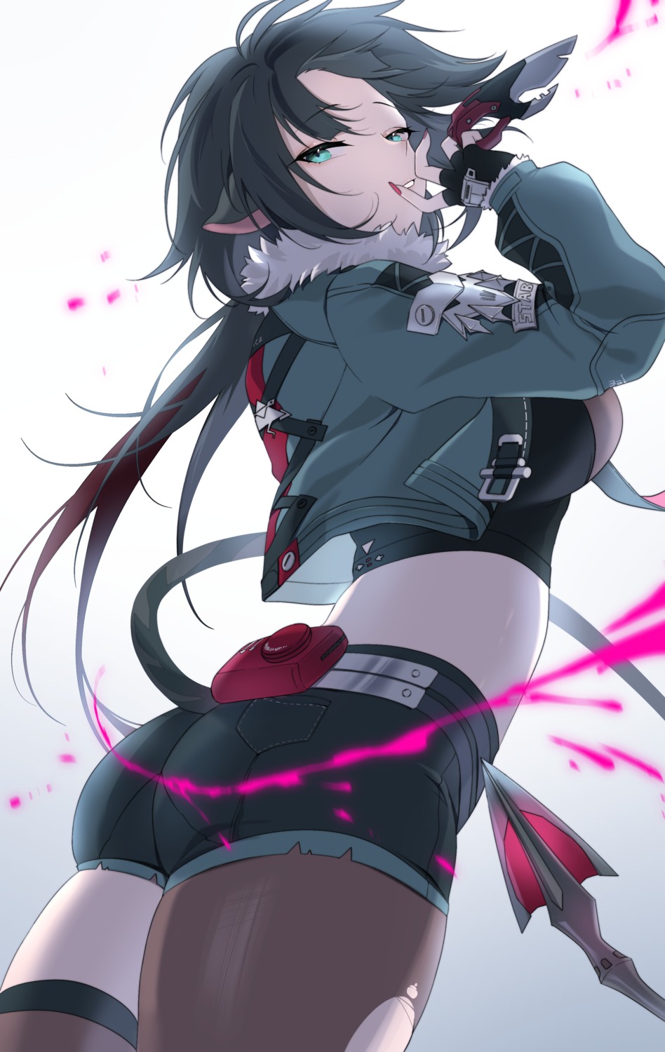 animal_ears, ass, jane_doe, oxygen_mask_(oxygenmask233), tail, thighhighs, torn_clothes, weapon, zenless_zone_zero