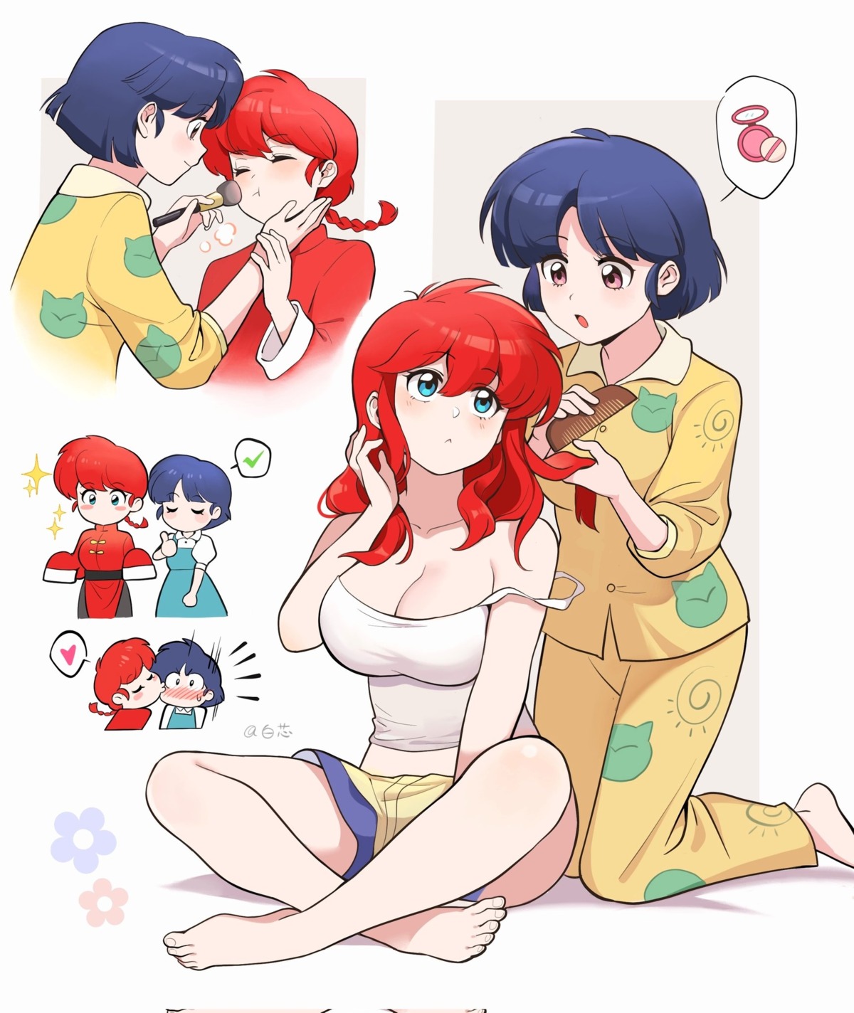 asian_clothes, bai_xin, chibi, genderswap, no_bra, pajama, ranma_½, saotome_ranma, tendou_akane