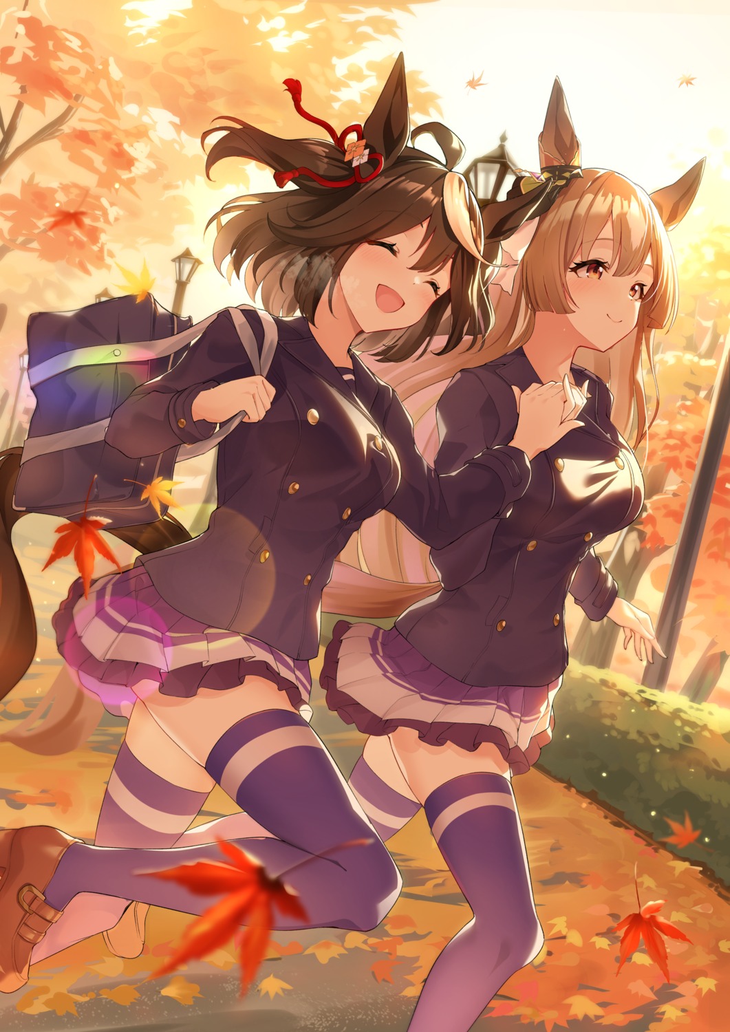 animal_ears, kitasan_black_(umamusume), satono_diamond_(umamusume), seifuku, skirt_lift, sunny_(20597521), tail, thighhighs