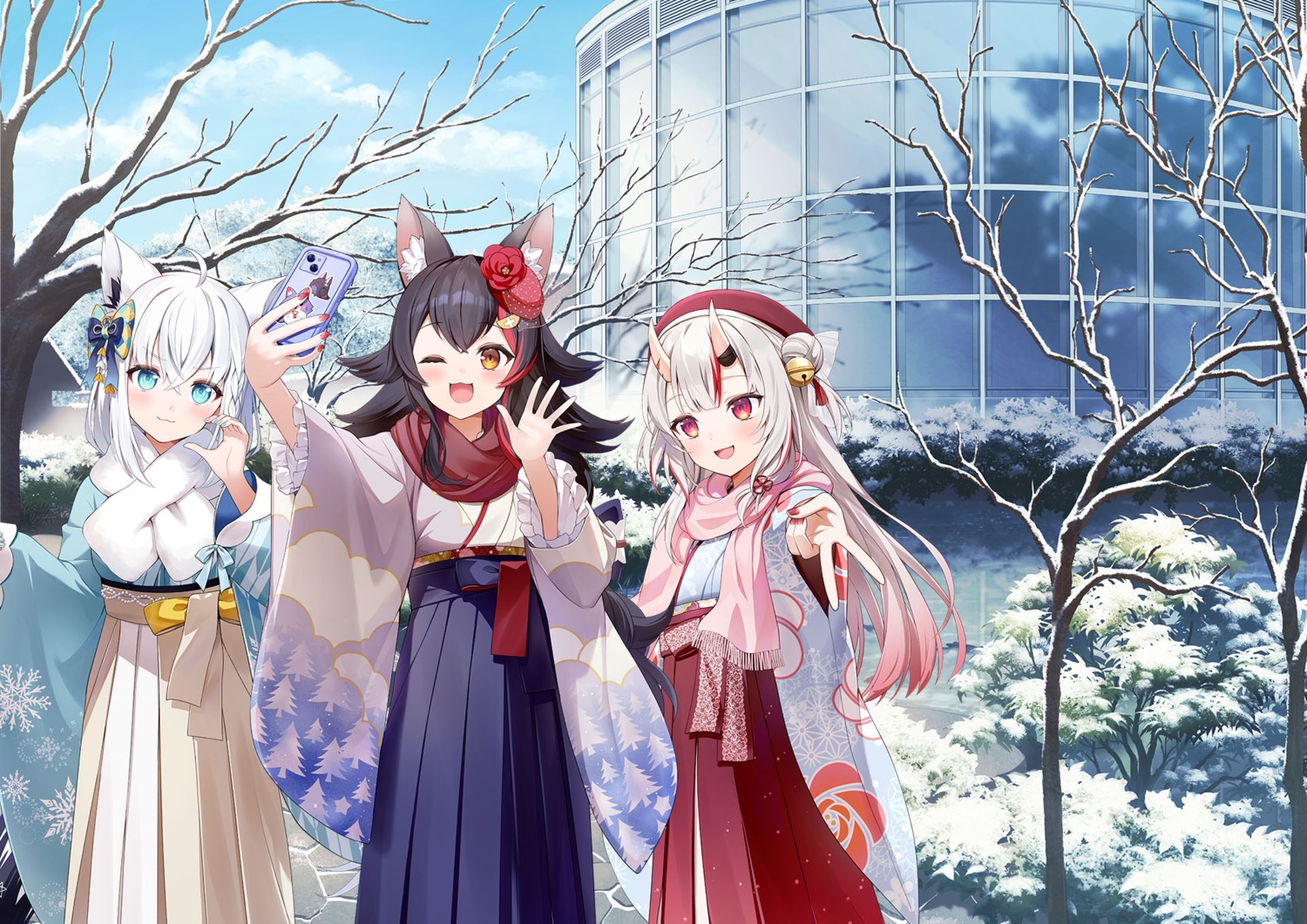 animal_ears, hololive, hololive_gamers, horns, japanese_clothes, kitsune, nakiri_ayame, ookami_mio