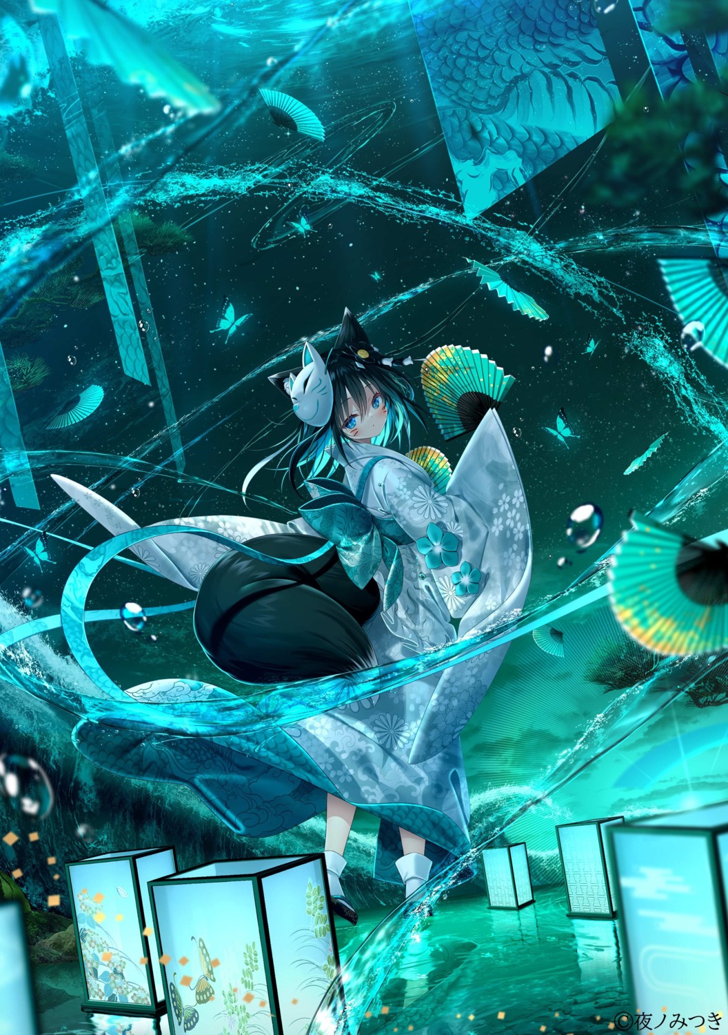 animal_ears, kimono, kitsune, skirt_lift, tail, tsubaki_(yano_mitsuki), yano_mitsuki
