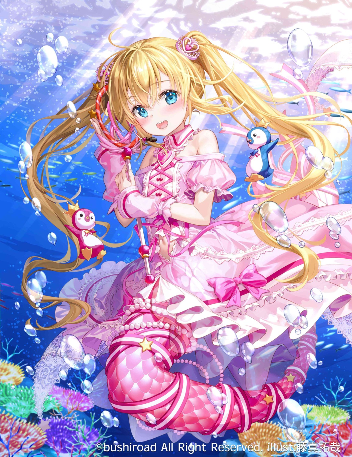 fujima_takuya, mermaid, monster_girl, no_bra, penguin, see_through, skirt_lift, tail