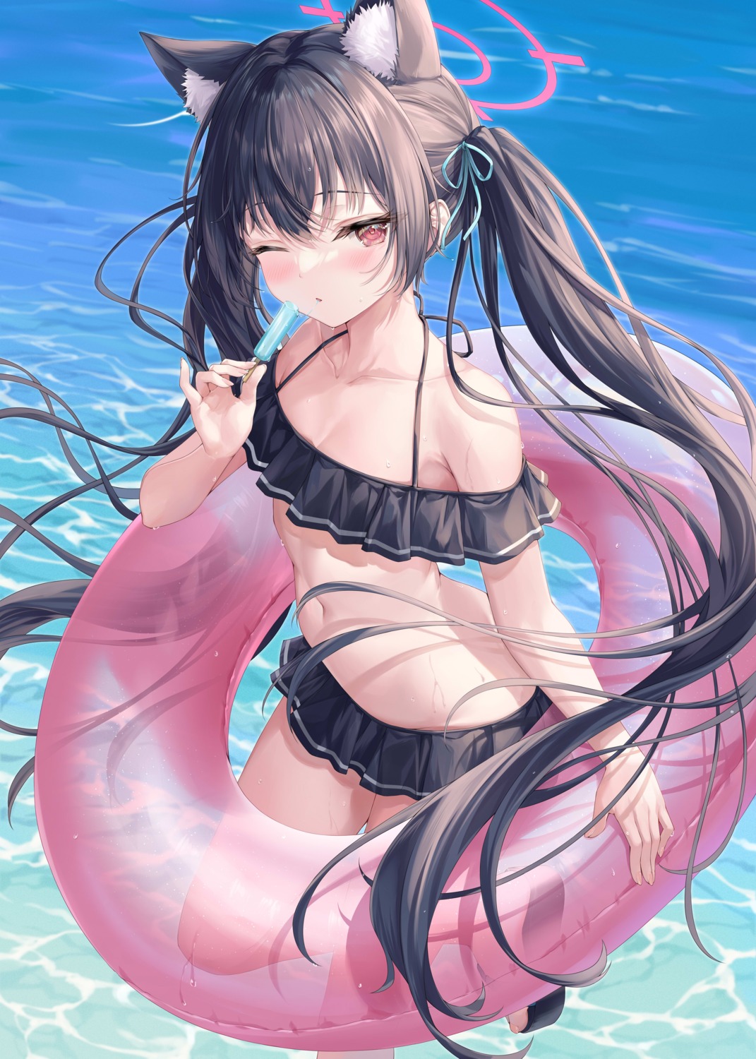 animal_ears, bikini, blue_archive, halo, kuromi_serika, nekomimi, shiduki_ruri, swimsuits, wet