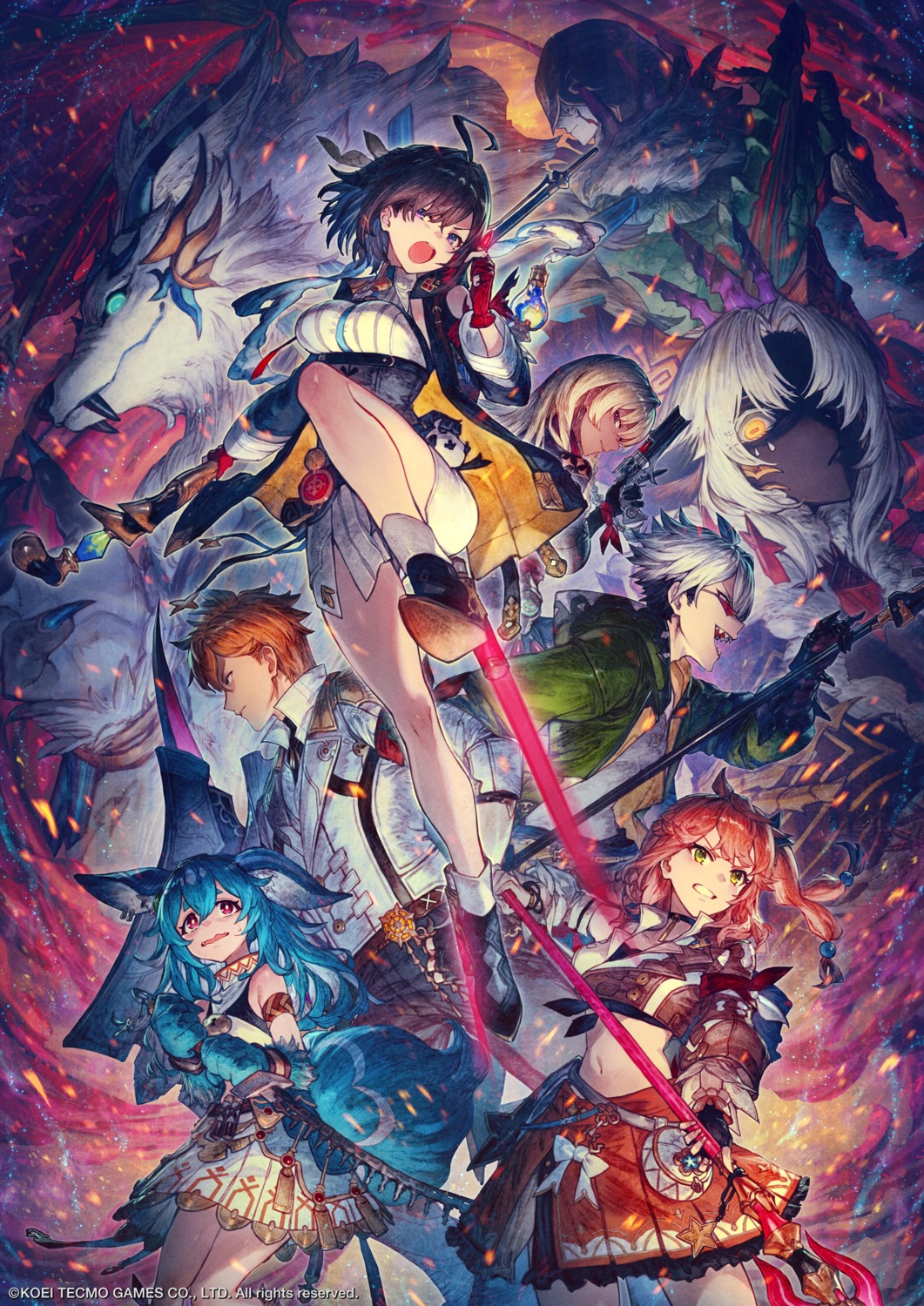 animal_ears, atelier, atelier_yumia, basilius, benitama, corleonis, flammi, gun, heels, horns, isla_von_duerer, koei_tecmo, lenja, liliborea, megane, nina_friede, pointy_ears, rutger_arendt, tail, vesper_(atelier), viktor_von_duerer, weapon, wings, yumia_liessfeldt