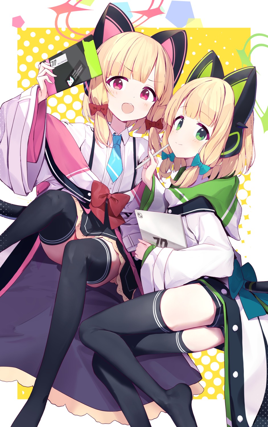 animal_ears, blue_archive, halo, headphones, nekomimi, saiba_midori, saiba_momoi, seifuku