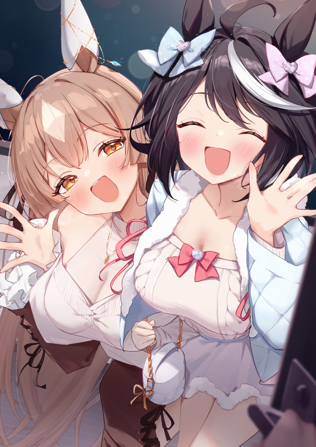 animal_ears, kitasan_black_(umamusume), no_bra, saboten_mushi, satono_diamond_(umamusume), sweater, uma_musume_pretty_derby