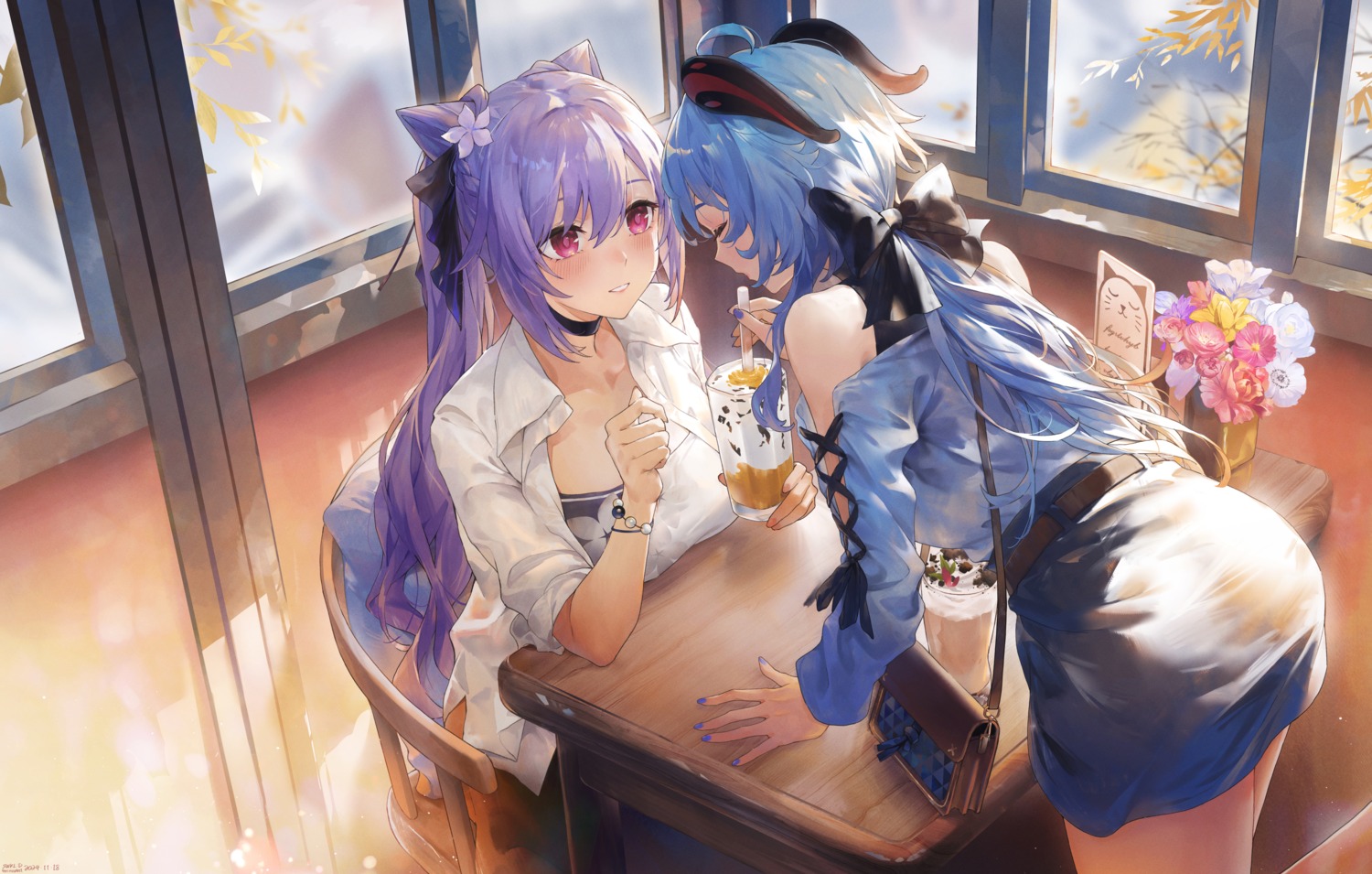 ass, dress_shirt, ganyu, genshin_impact, horns, keqing, swkl:d, yuri