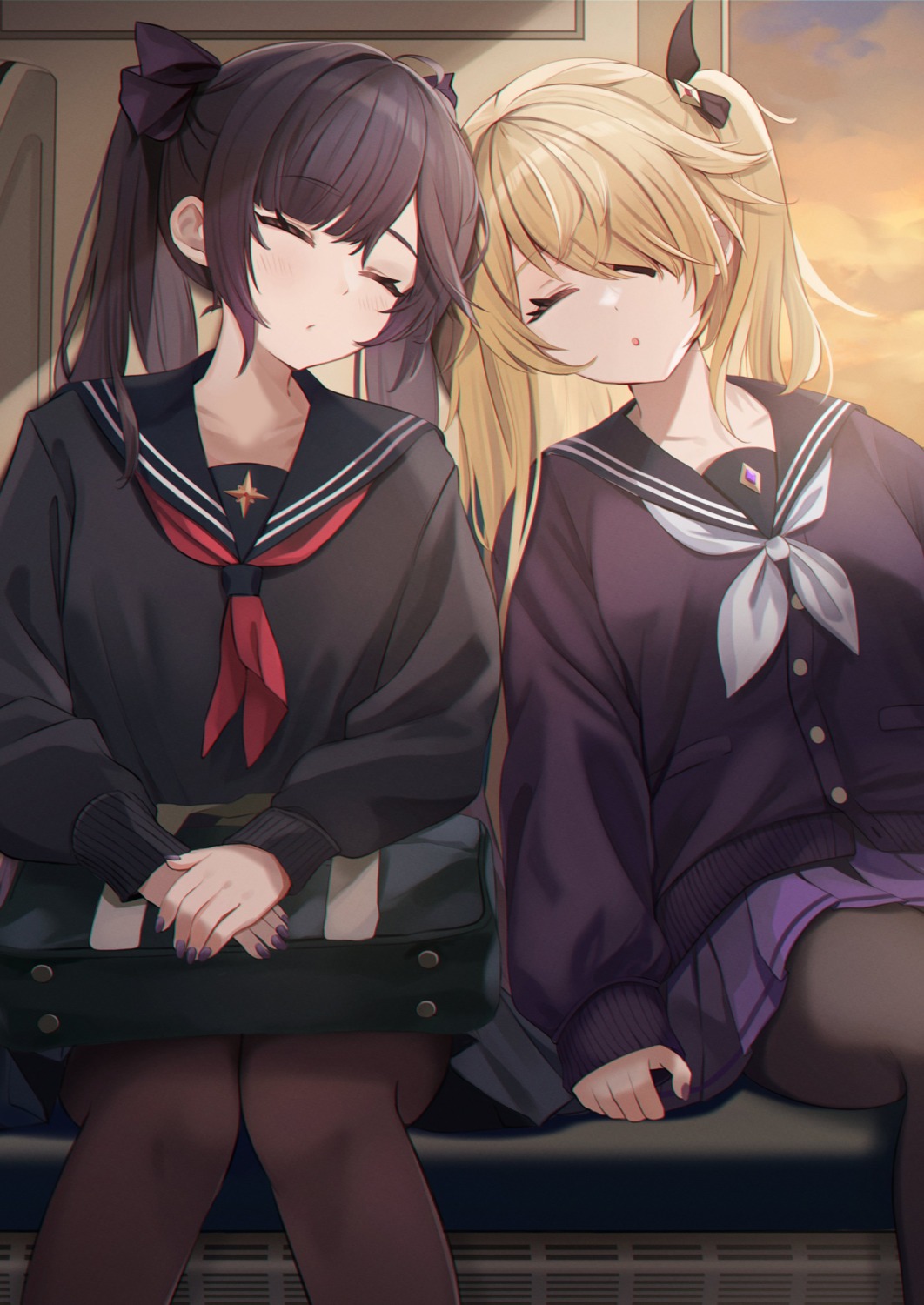 eyepatch, fischl, genshin_impact, mona_megistus, pantyhose, seifuku, sweater, yutoriko_(candy0905)