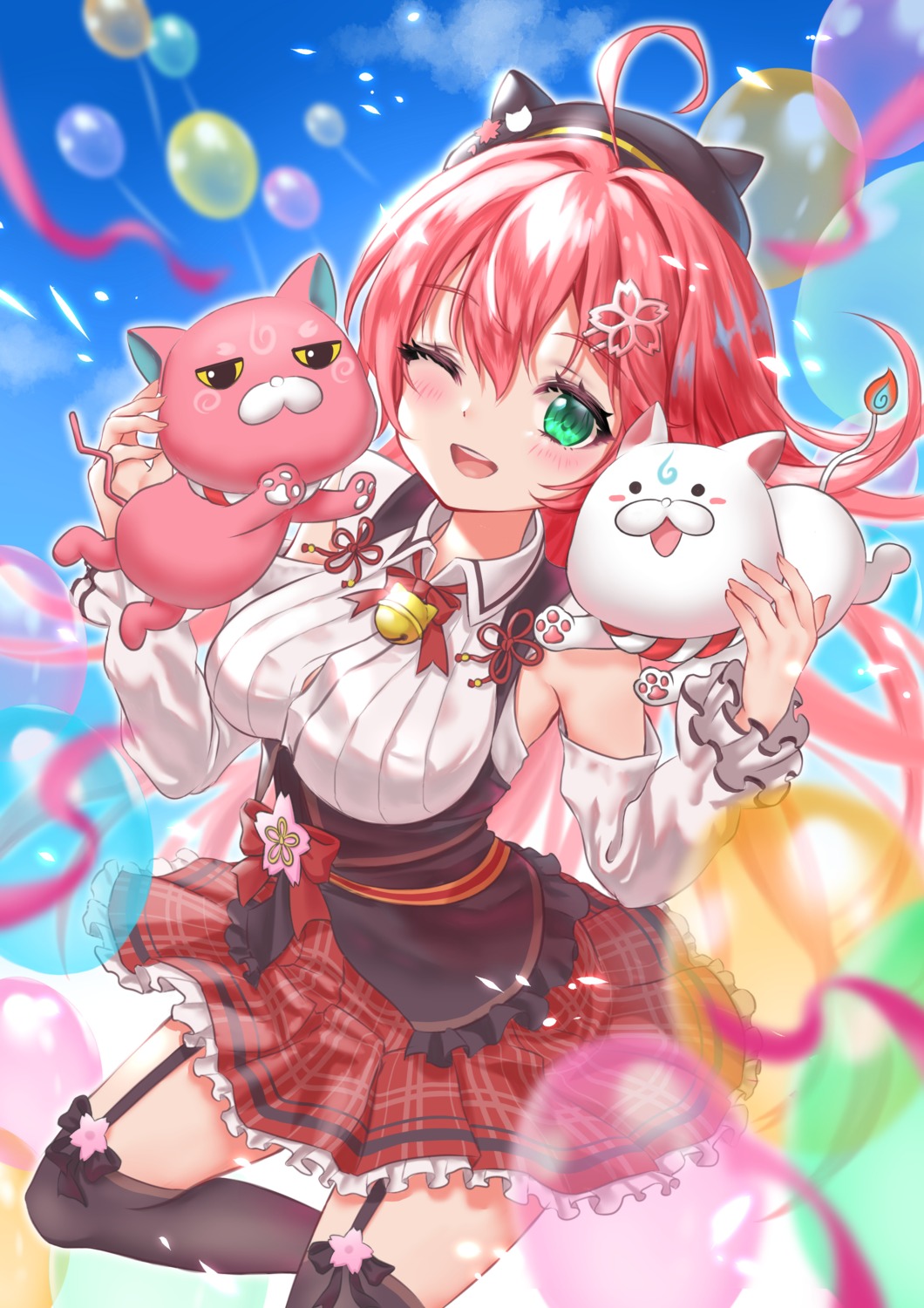 animal_ears, genjitsu_pirika, hololive, neko, sakura_miko, skirt_lift, stockings, thighhighs