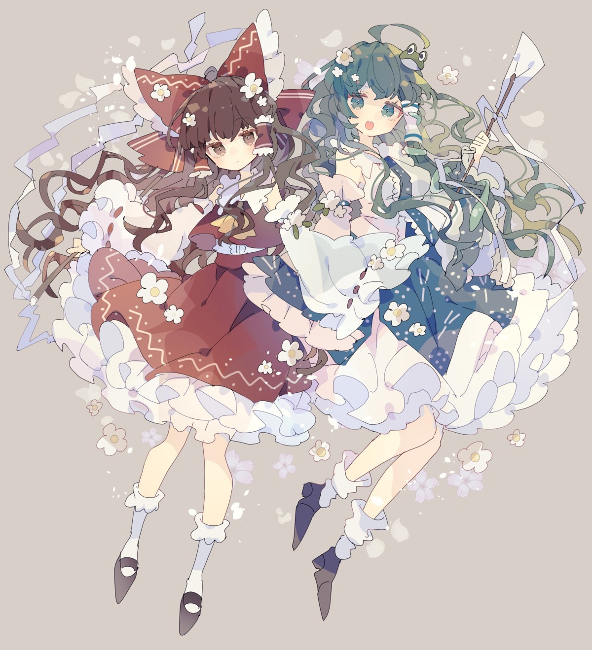 hakurei_reimu, heels, kochiya_sanae, miko, niko_rashika, touhou