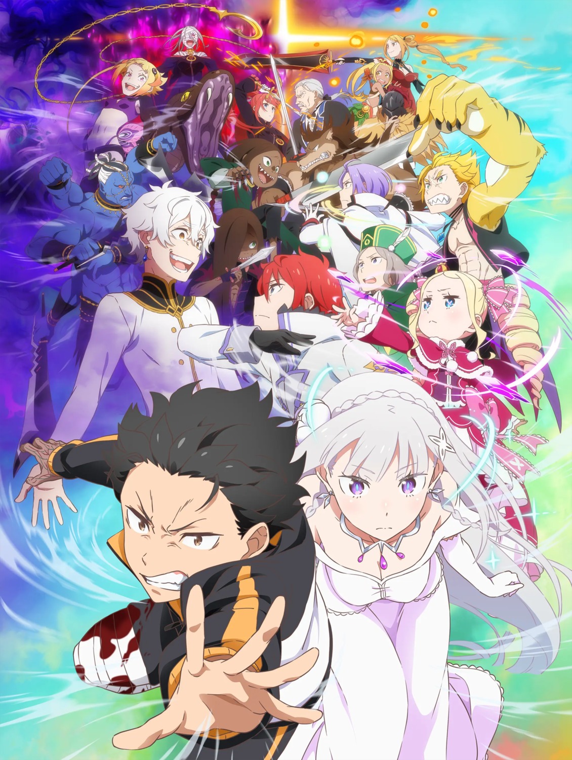aldebaran_(re_zero), bandages, beatrice_(re_zero), blood, capella_emerada_lugunica, dress, emilia_(re_zero), garfiel_tinsel