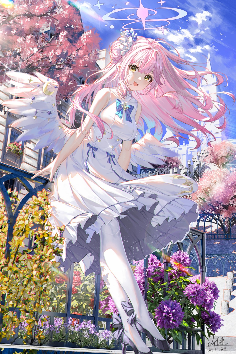 al_guang, angel, blue_archive, dress, heels, misono_mika, pantyhose, skirt_lift, wings