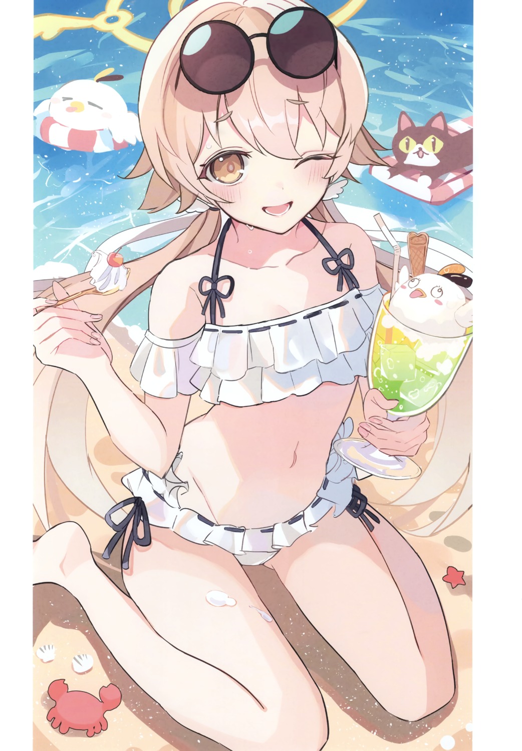 ajitani_hifumi, bikini, blue_archive, cream, halo, megane, neko, swimsuits