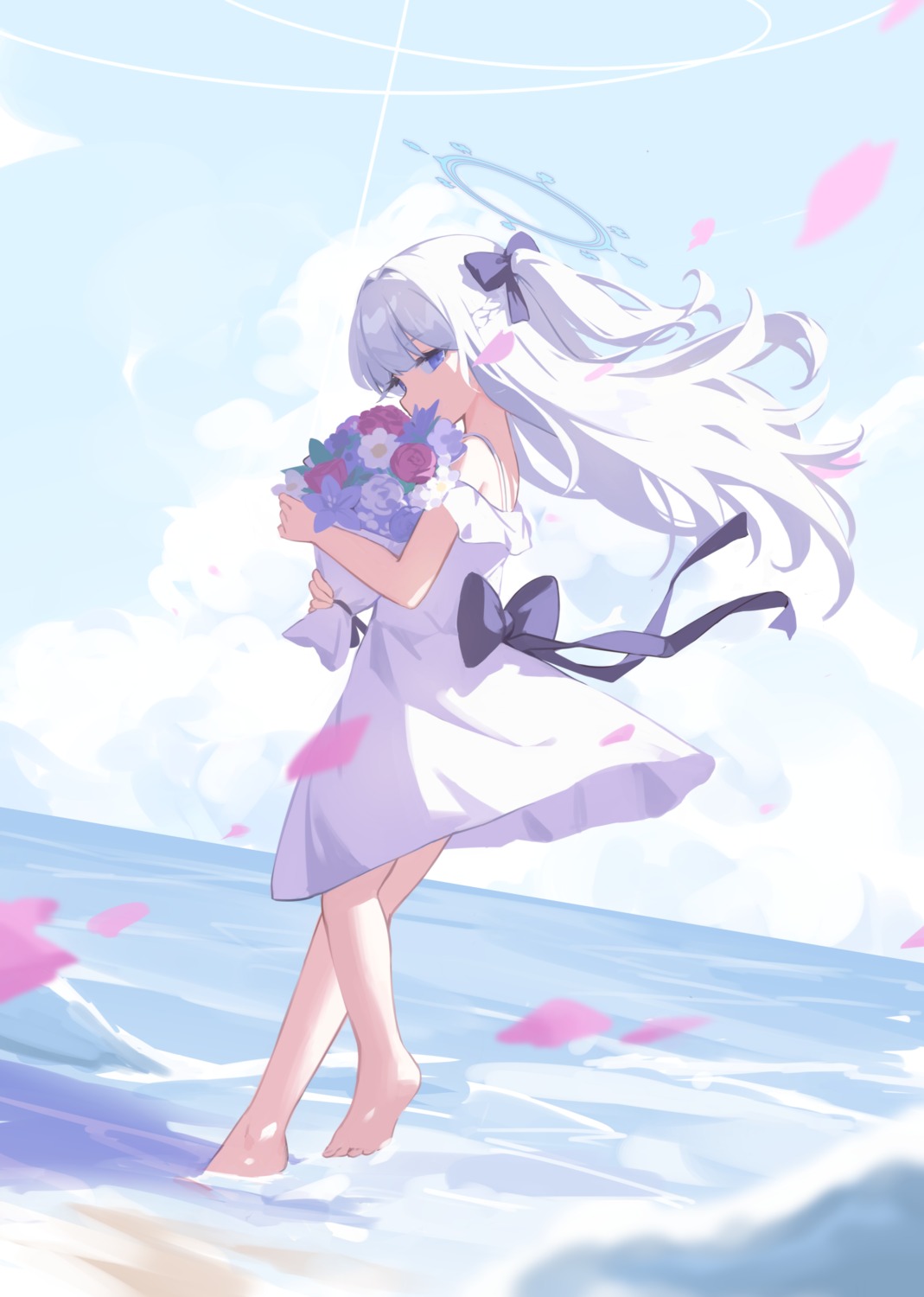 blue_archive, dress, halo, klaius, skirt_lift, summer_dress, tsukiyuki_miyako, wet