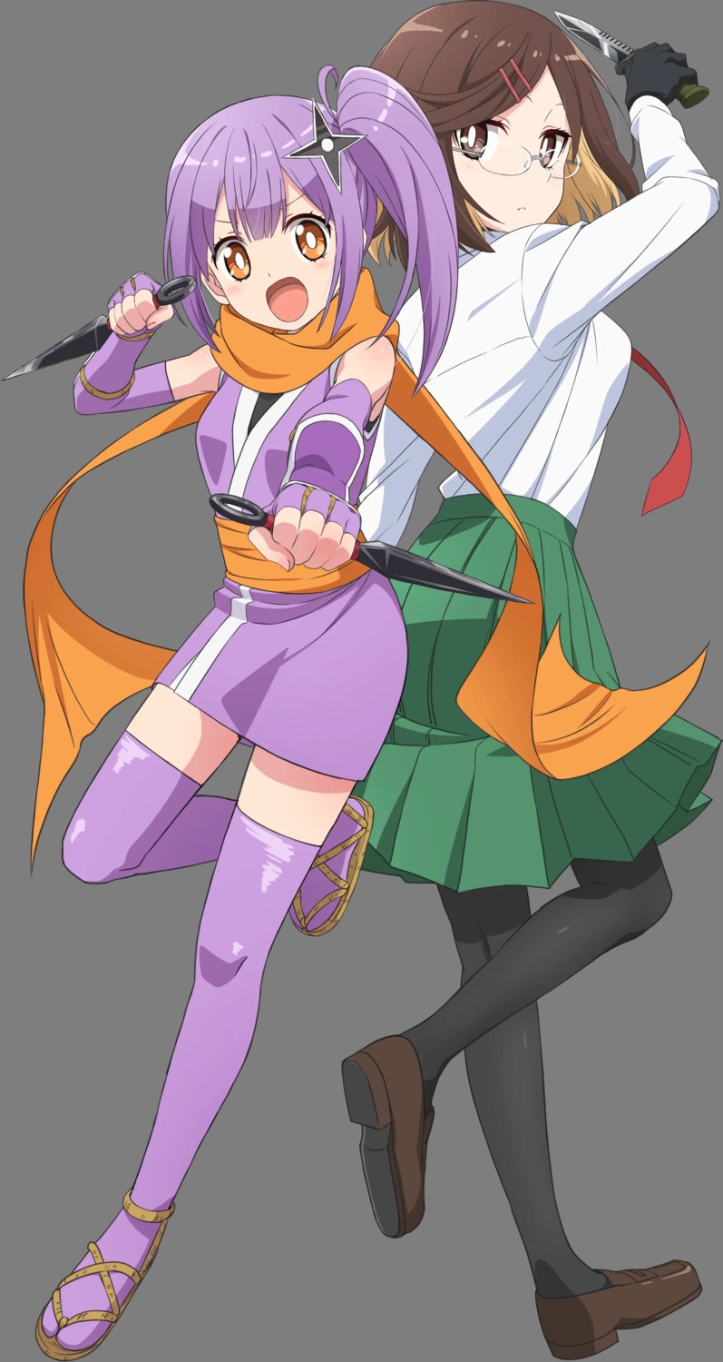 japanese_clothes, koga_konoha, kusagakure_satoko, megane, ninja, ninja_to_koroshiya_no_futarigurashi, pantyhose, seifuku, skirt_lift, tagme, thighhighs, transparent_png, weapon