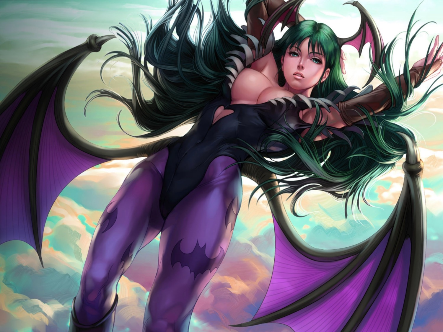 capcom, cleavage, dark_stalkers, jpeg_artifacts, leotard, morrigan_aensland, no_bra, pantyhose
