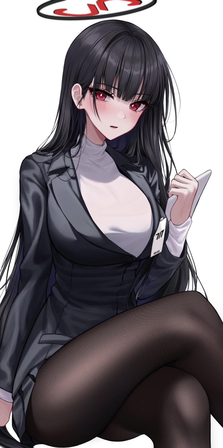 blue_archive, business_suit, halo, pantyhose, skirt_lift, soymilk_arts2, sweater, tsukatsuki_rio