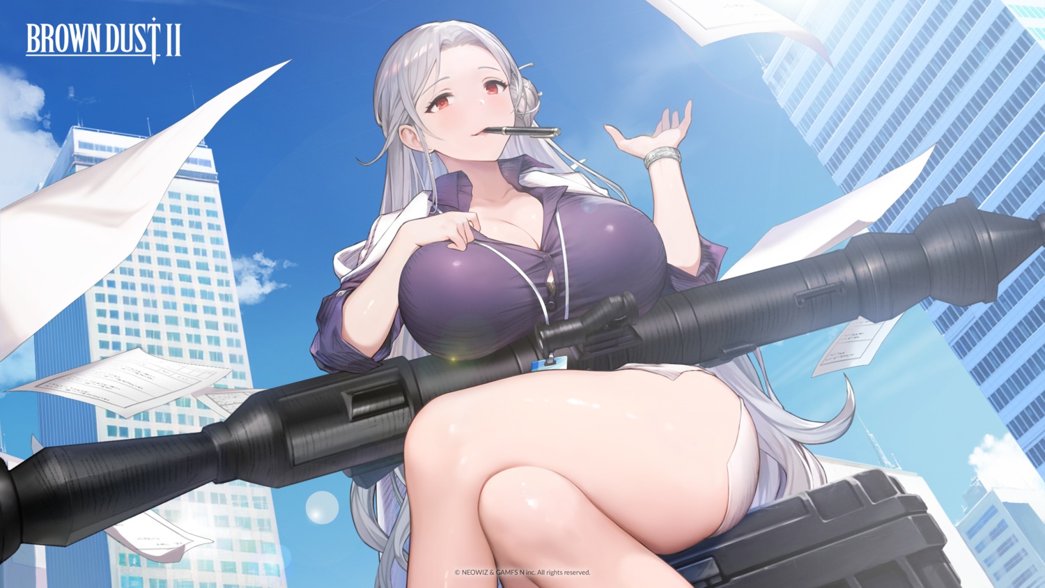 bra, brown_dust_ii, cleavage, dress_shirt, michaela_(brown_dust_ii), open_shirt, origami, wallpaper, weapon