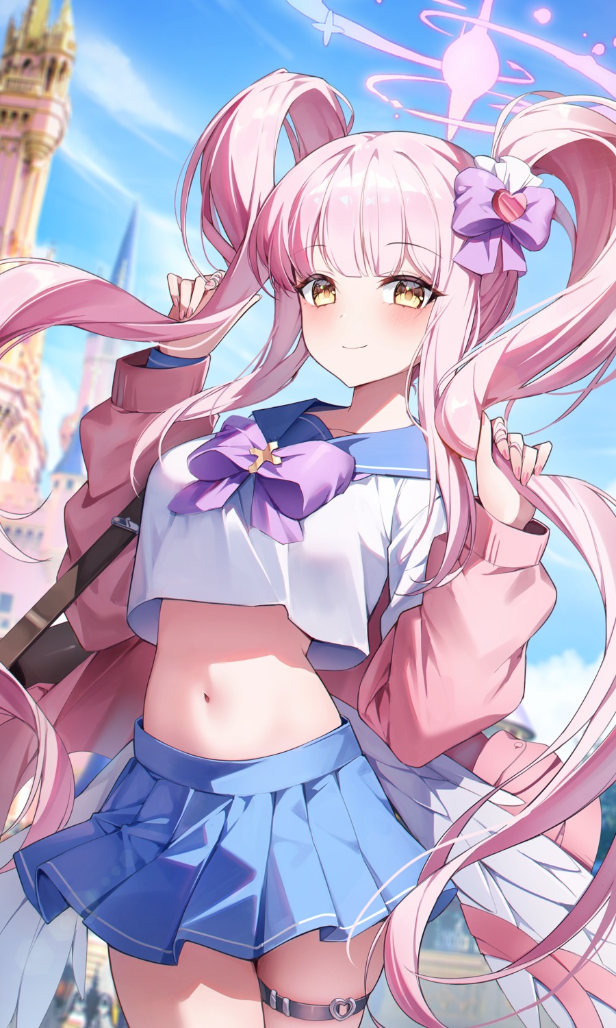 angel, blue_archive, garter, misono_mika, seifuku, skirt_lift, ugwa, wings