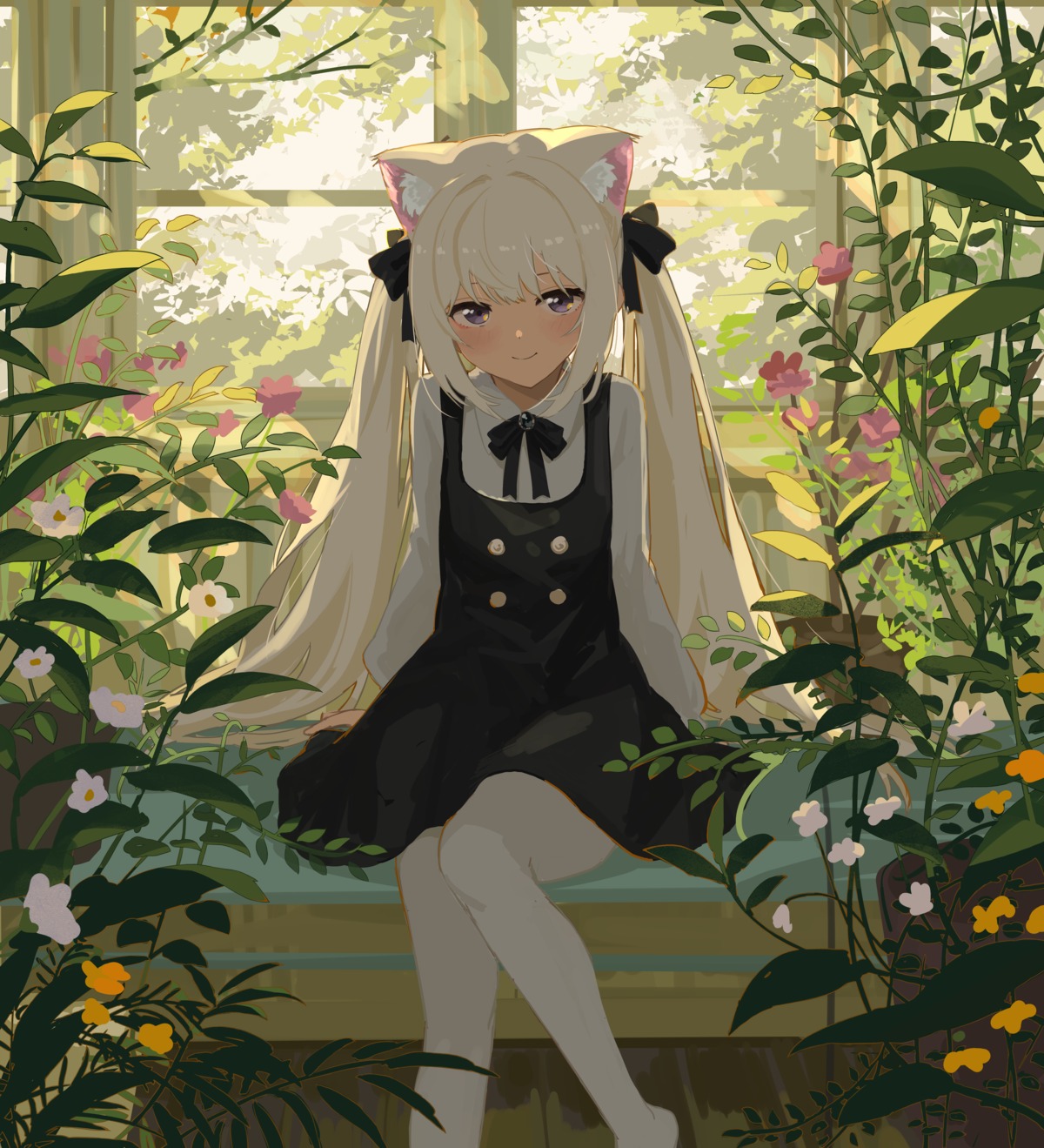 animal_ears, dress, gothic_lolita, kgt_(pixiv12957613), lolita_fashion, nekomimi, pantyhose, skirt_lift