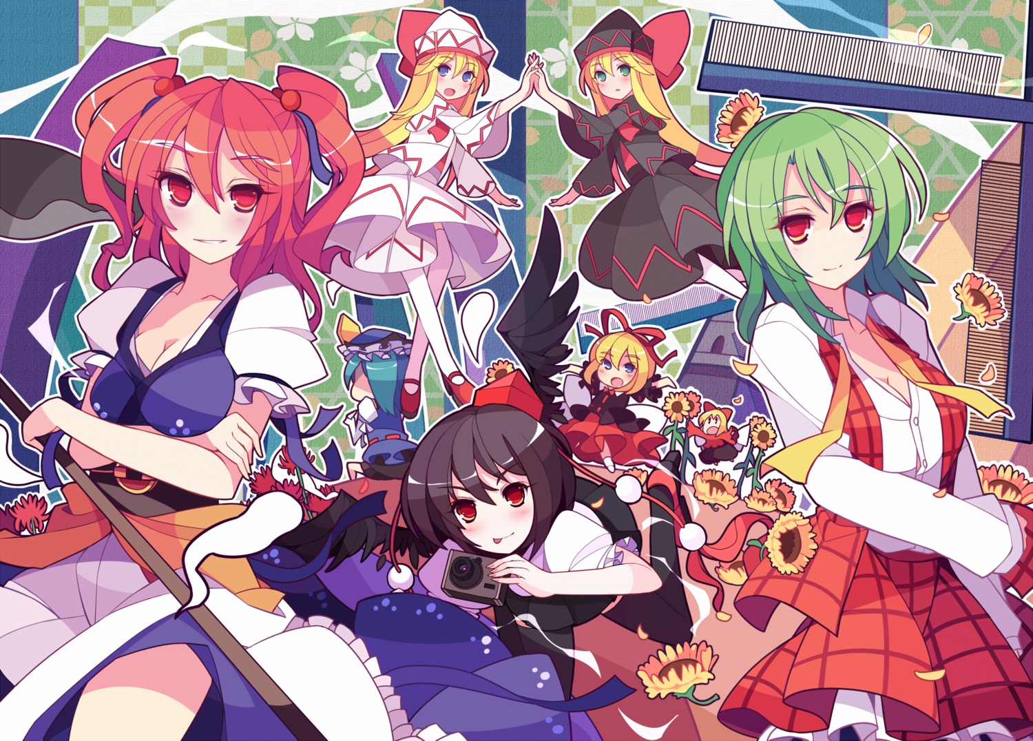 cleavage, ideolo, kazami_yuuka, lily_black, lily_white, medicine_melancholy, onozuka_komachi, shameimaru_aya