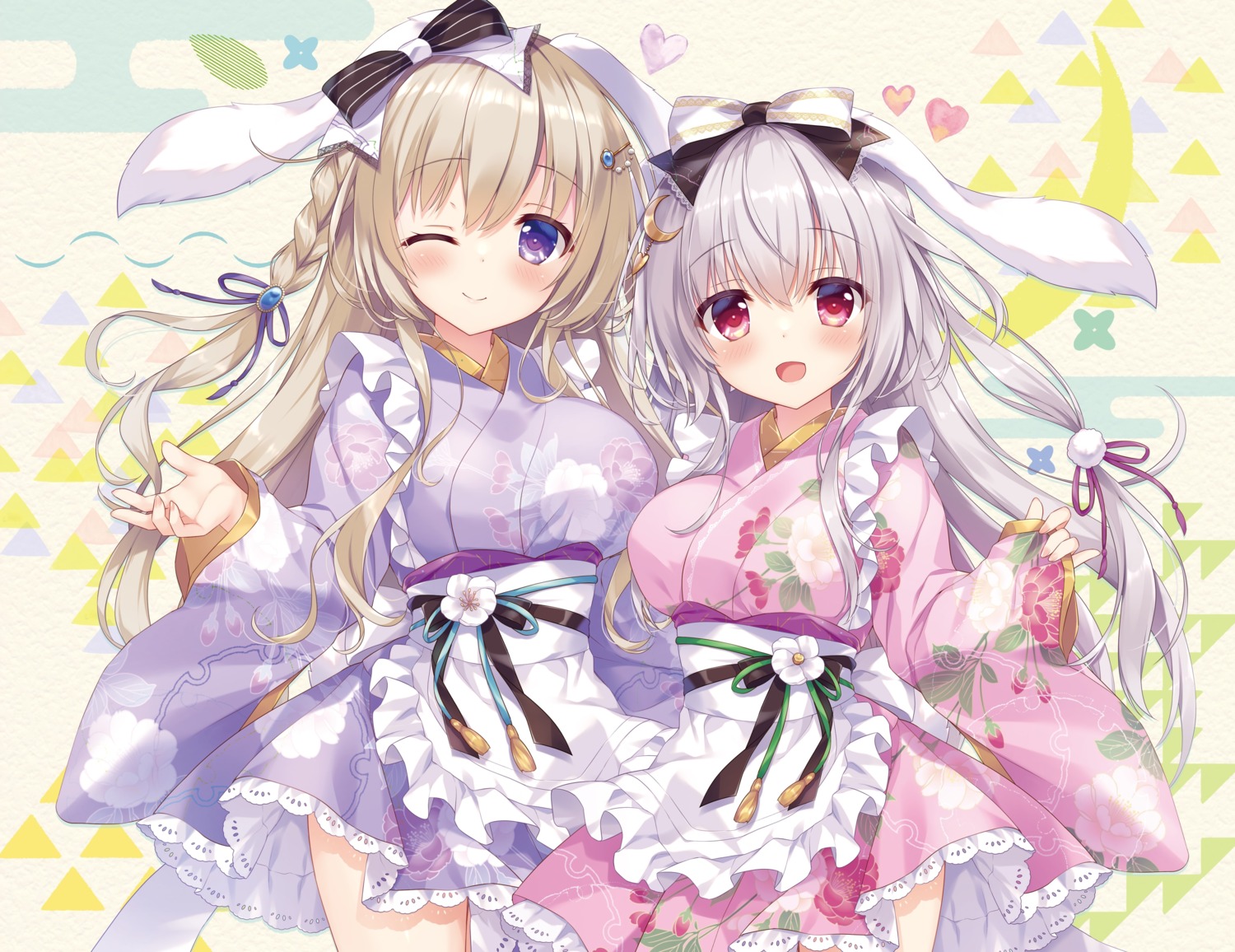 ameto_yuki, animal_ears, blanc_(ameto_yuki), bunny_ears, detexted, ecru_(ameto_yuki), maid, skirt_lift, wa_maid