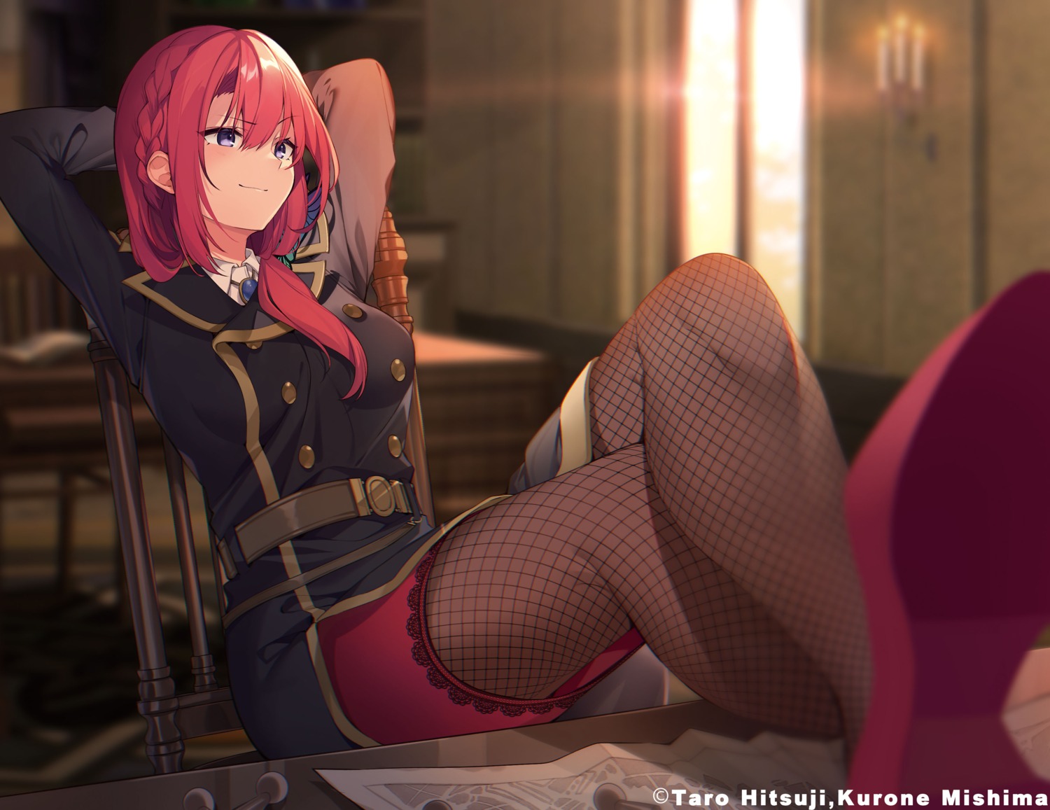 eve_ignite, fishnets, heels, mishima_kurone, pantyhose, rokudenashi_majutsu_koushi_to_akashic_record, skirt_lift, uniform