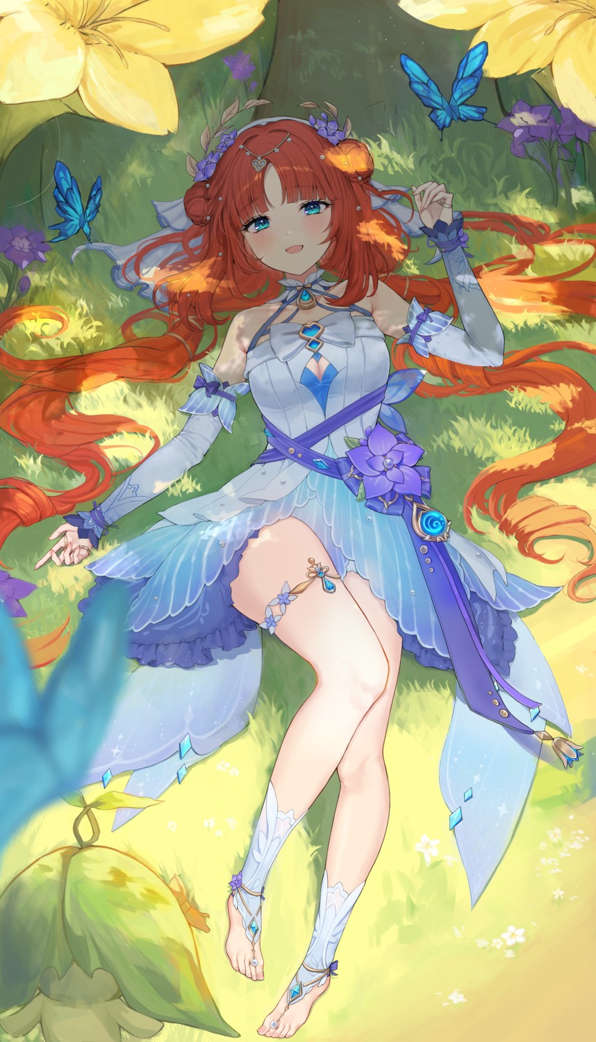 cleavage, dress, garter, genshin_impact, kuuhaku_(wutt5584), nilou, skirt_lift