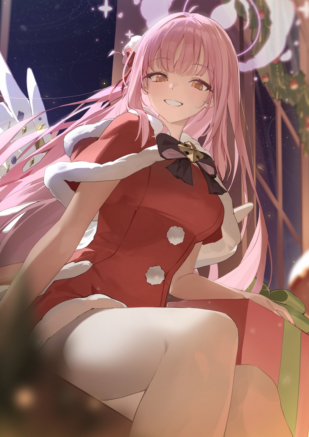 angel, blue_archive, christmas, dress, misono_mika, pantyhose, skirt_lift, wings, yo_owl