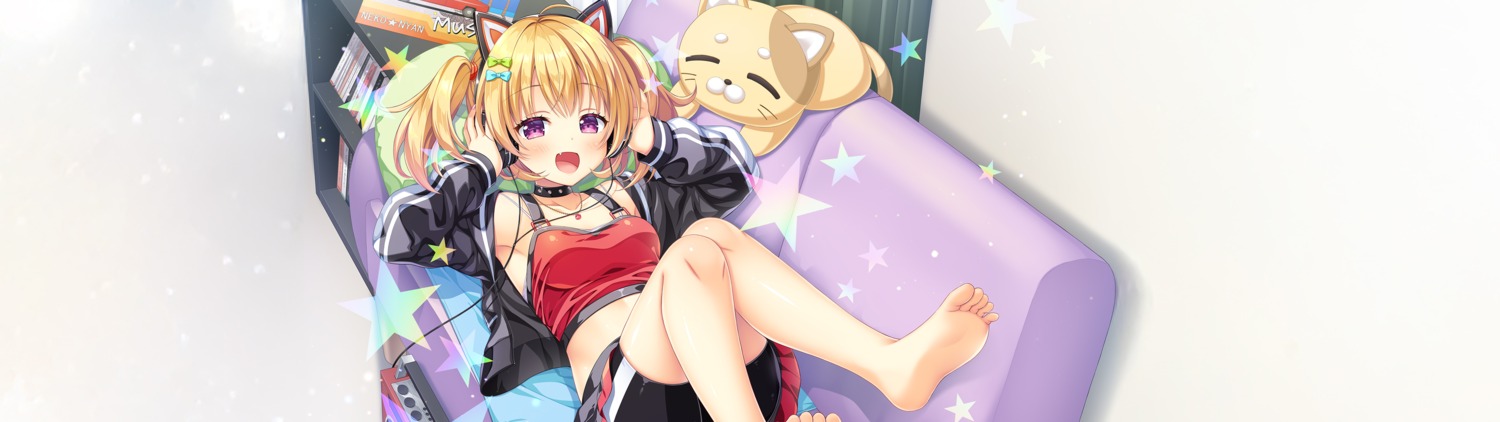 animal_ears, bike_shorts, feet, headphones, hontani_kanae, nekomimi, skirt_lift, symphony_sounds
