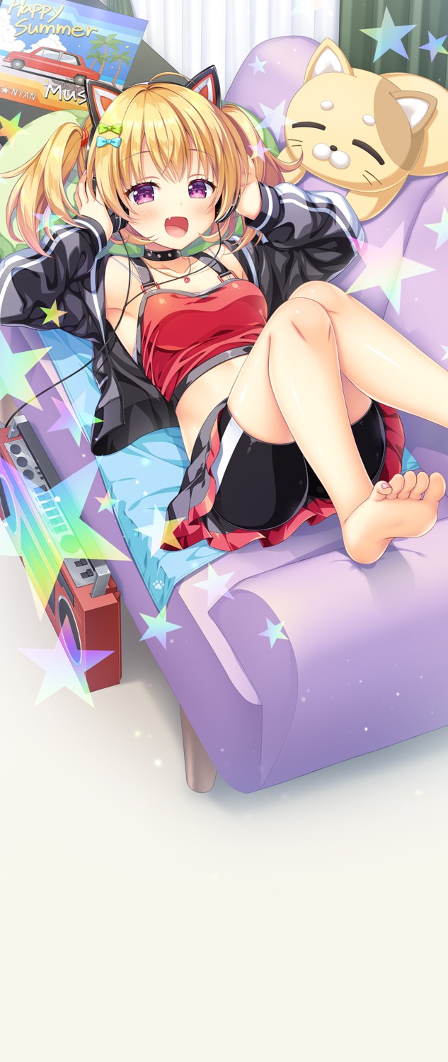 animal_ears, bike_shorts, feet, headphones, hontani_kanae, nekomimi, skirt_lift, symphony_sounds